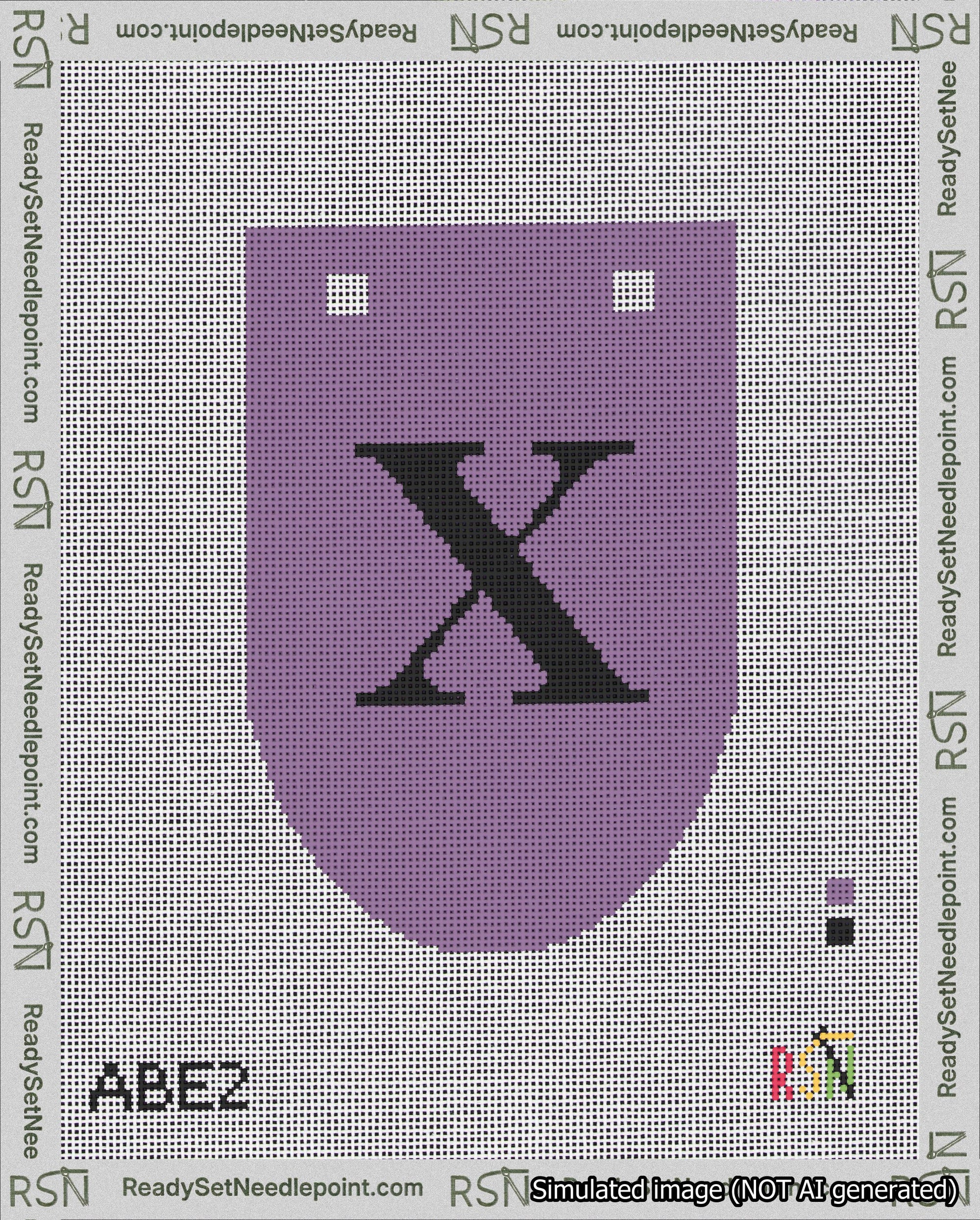 A taped needlepoint canvas with the design: Banner 18 mesh count Rounded X Black on Purple.