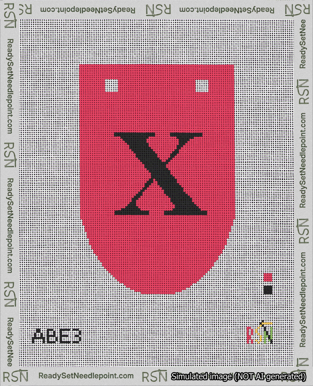 A taped needlepoint canvas with the design: Banner 18 mesh count Rounded X Black on Red.