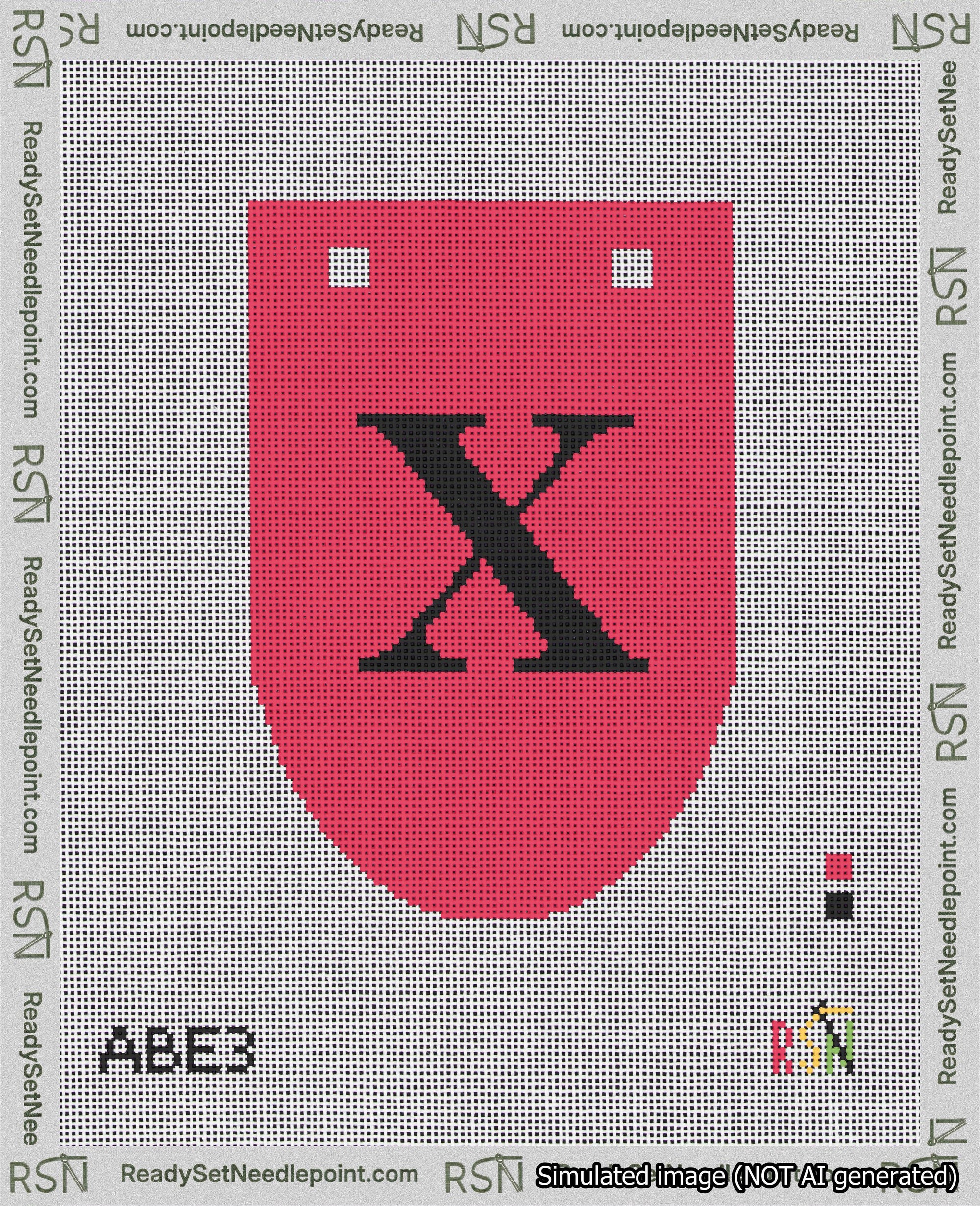 A taped needlepoint canvas with the design: Banner 18 mesh count Rounded X Black on Red.
