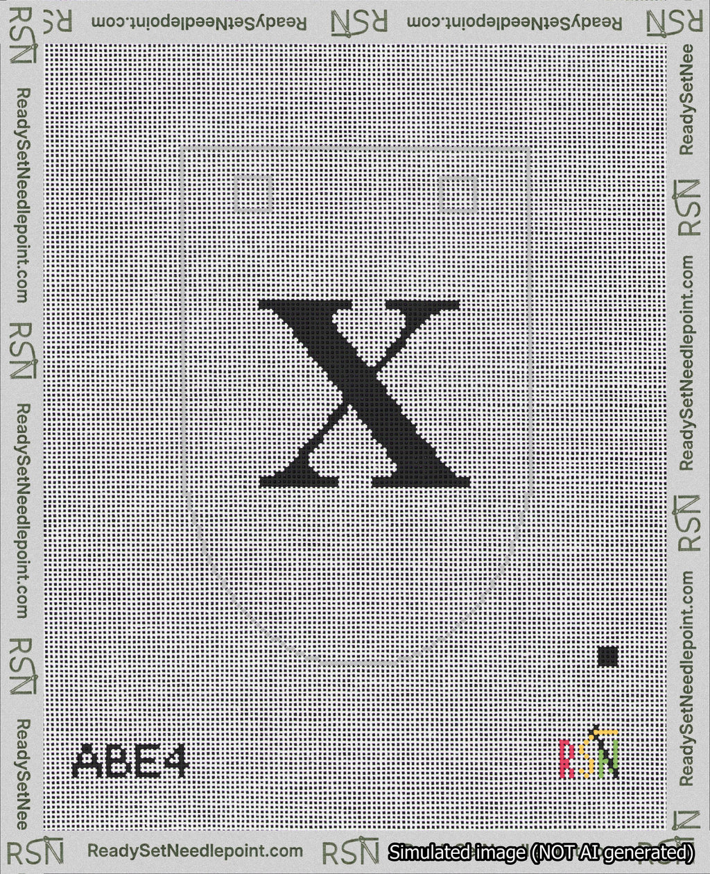 A taped needlepoint canvas with the design: Banner 18 mesh count Rounded X Black on White.