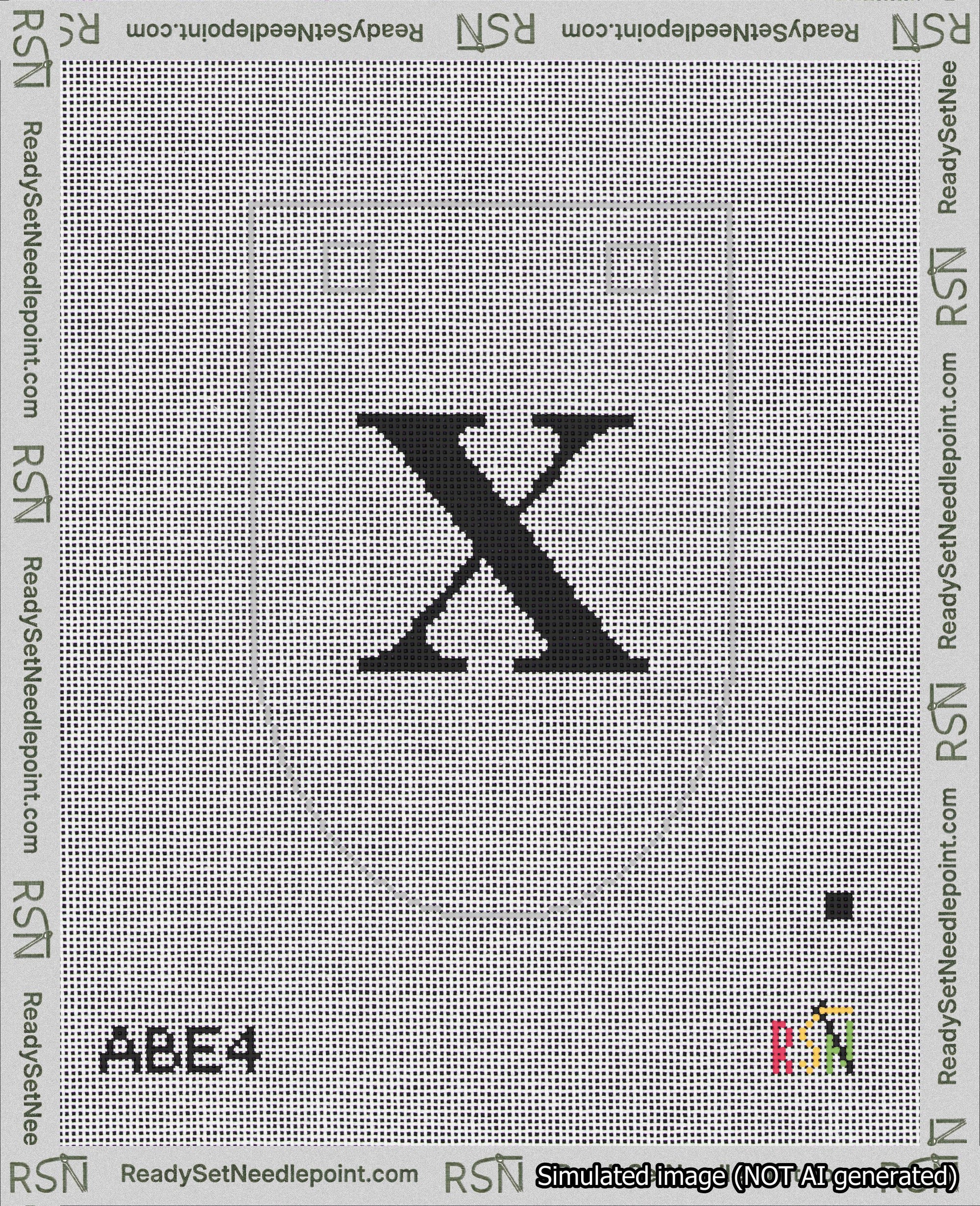 A taped needlepoint canvas with the design: Banner 18 mesh count Rounded X Black on White.