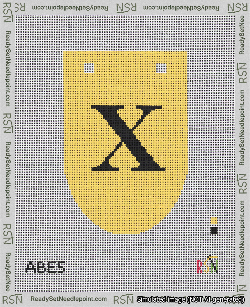 A taped needlepoint canvas with the design: Banner 18 mesh count Rounded X Black on Yellow.