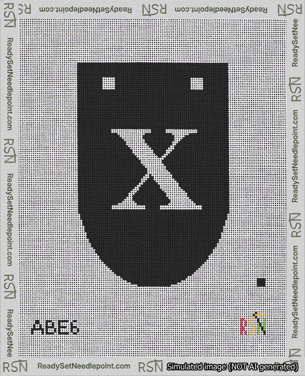 A taped needlepoint canvas with the design: Banner 18 mesh count Rounded X White on Black.