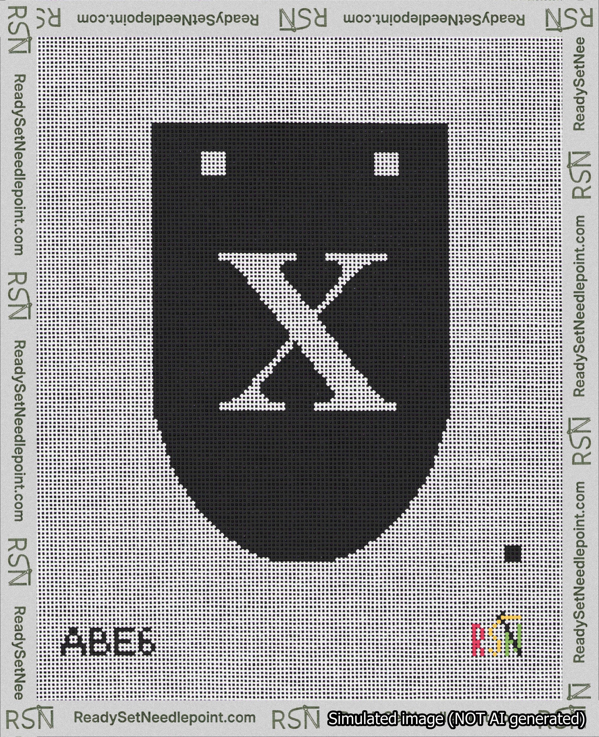 A taped needlepoint canvas with the design: Banner 18 mesh count Rounded X White on Black.