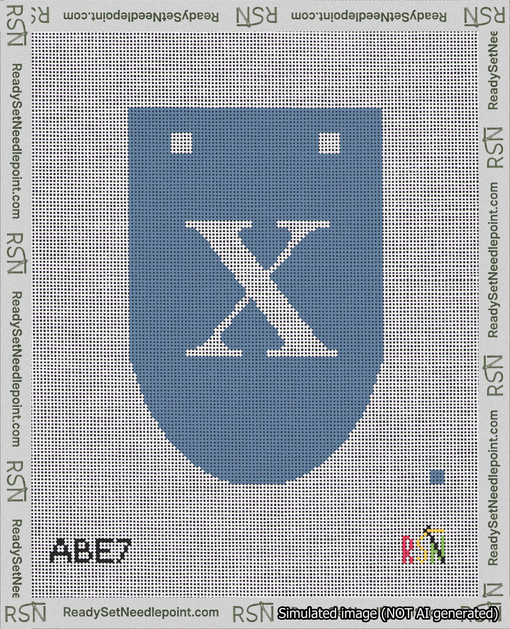 A taped needlepoint canvas with the design: Banner 18 mesh count Rounded X White on Blue.