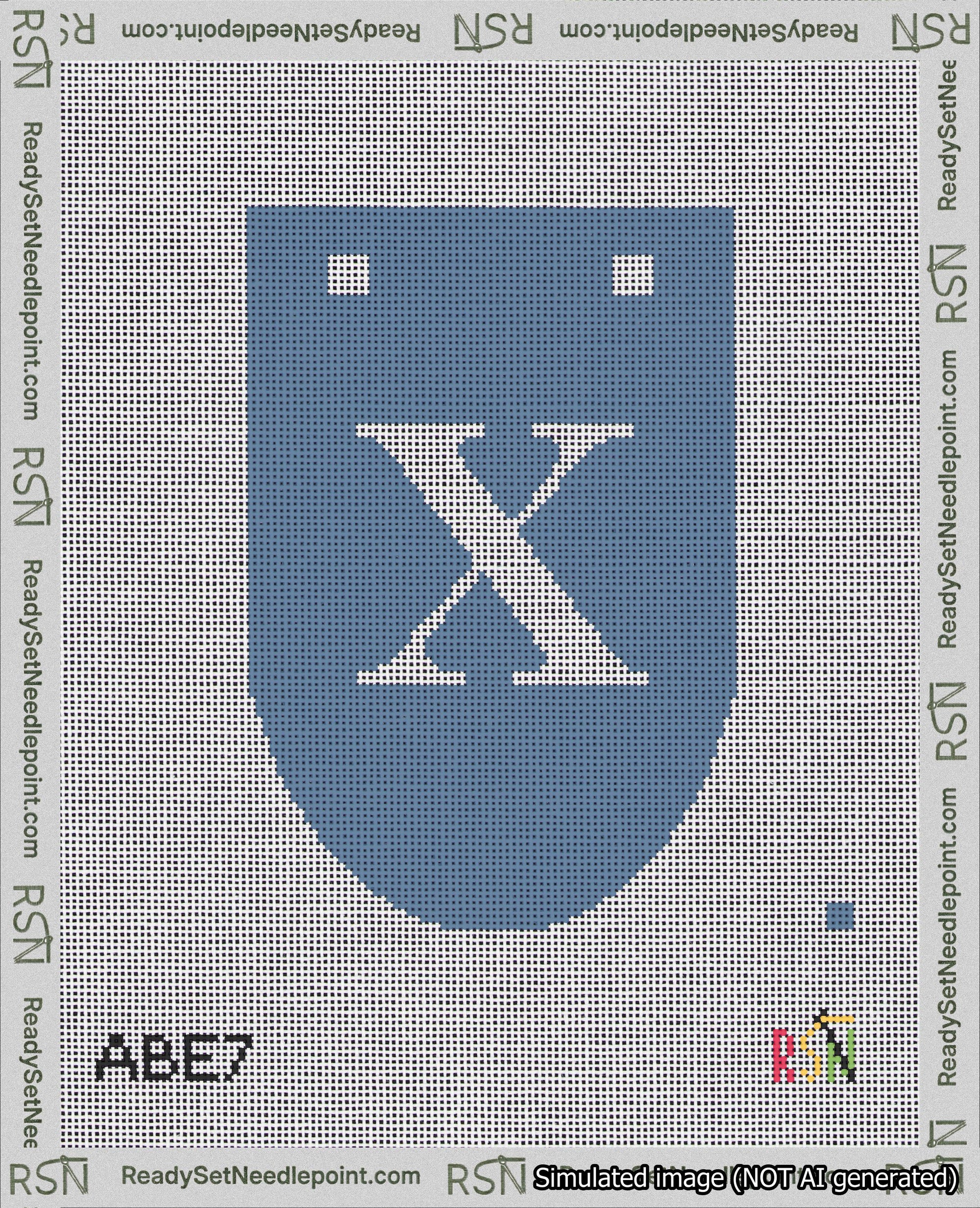 A taped needlepoint canvas with the design: Banner 18 mesh count Rounded X White on Blue.