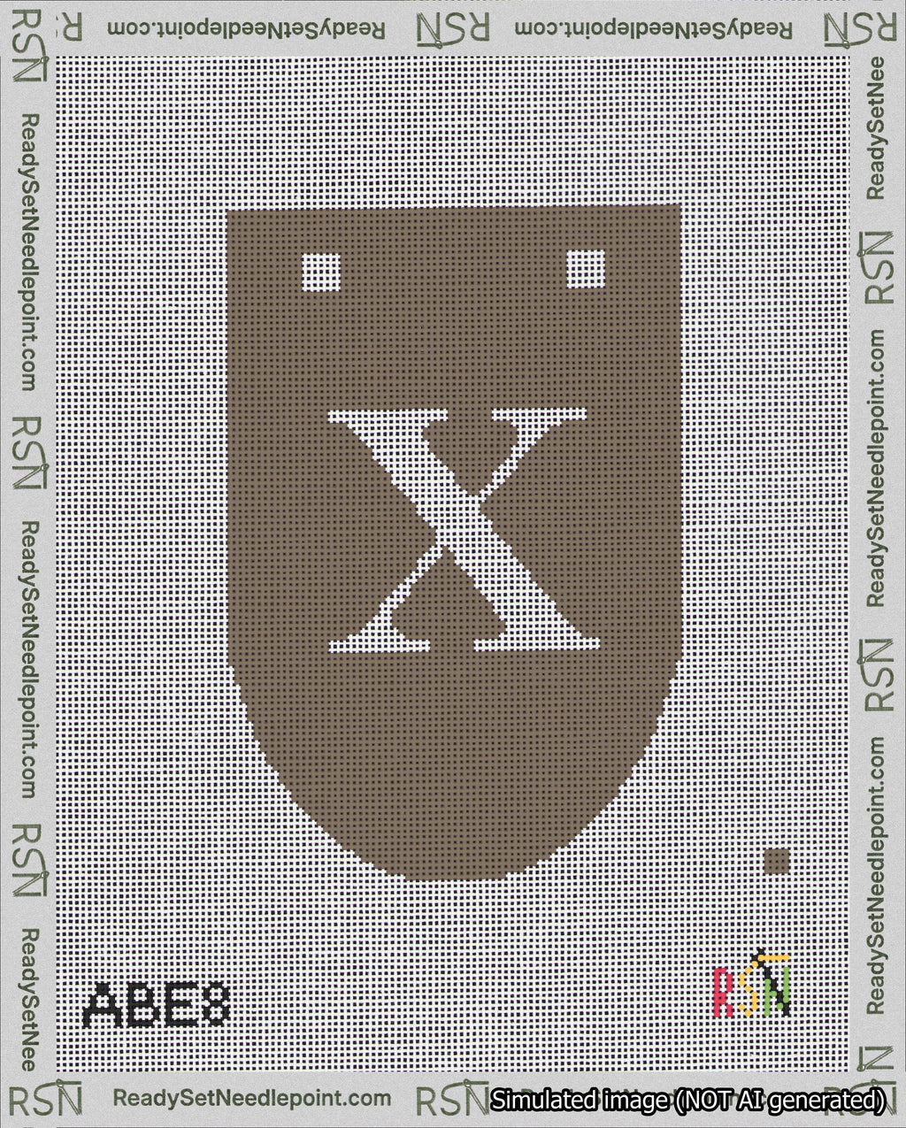 A taped needlepoint canvas with the design: Banner 18 mesh count Rounded X White on Brown.