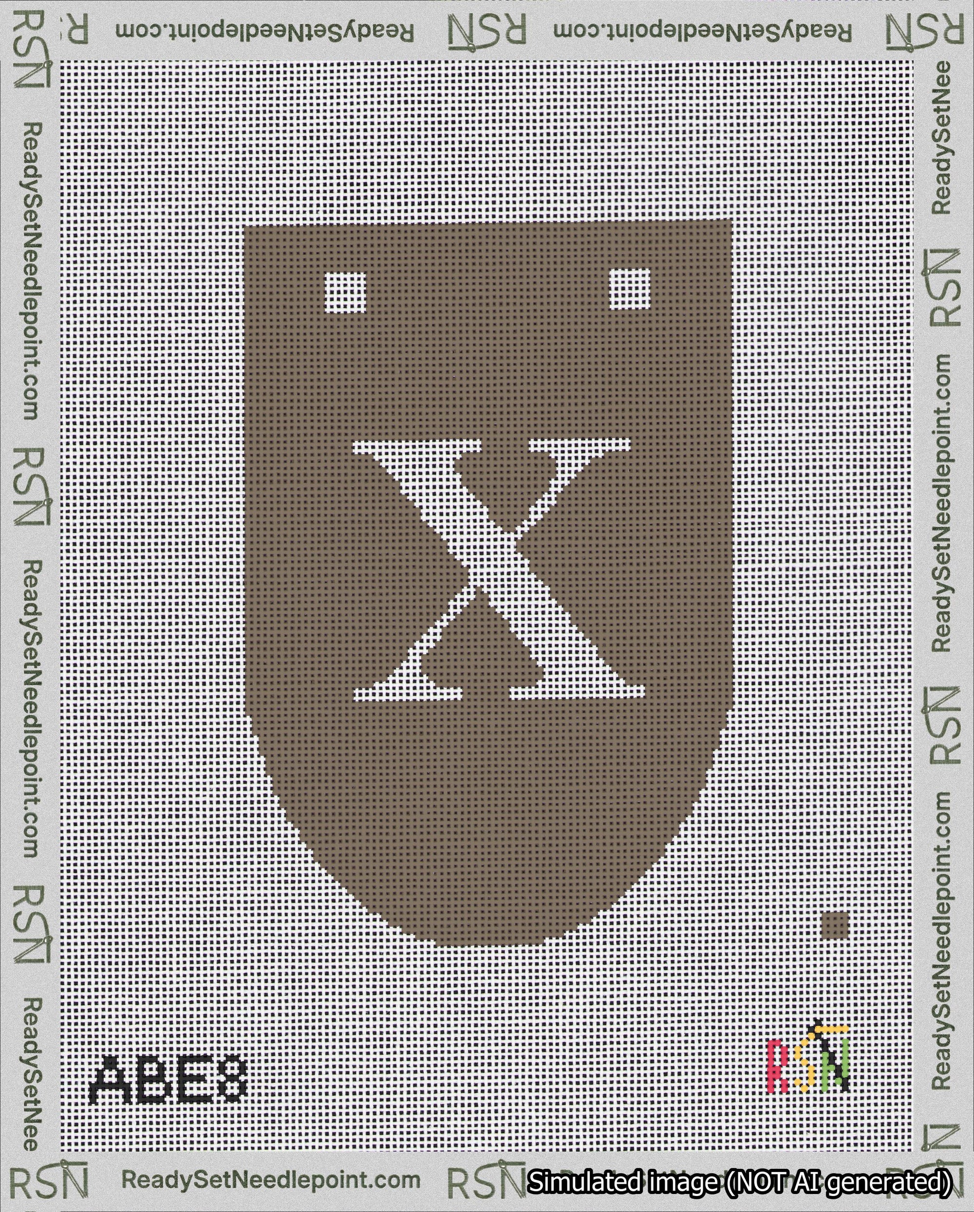 A taped needlepoint canvas with the design: Banner 18 mesh count Rounded X White on Brown.