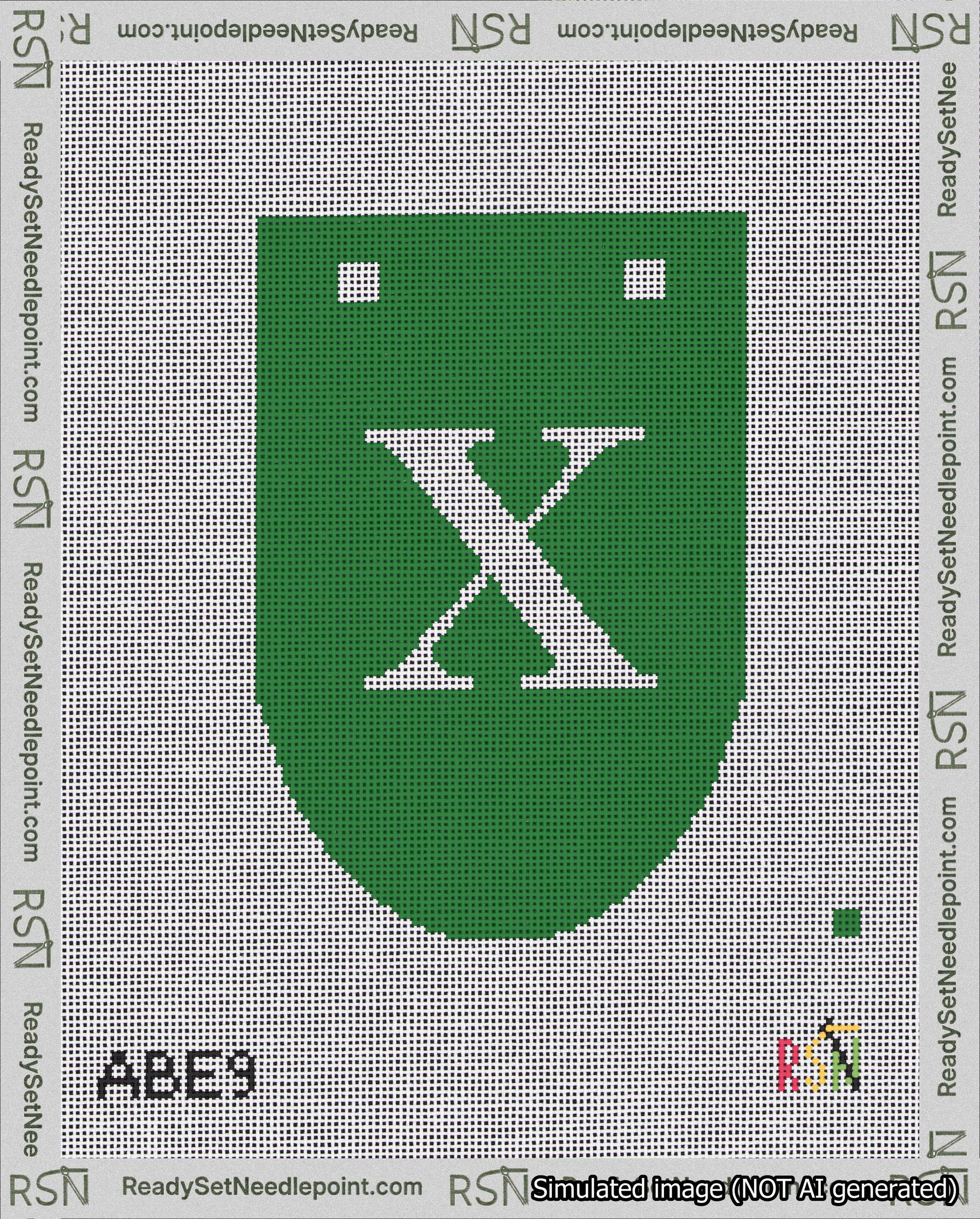 A taped needlepoint canvas with the design: Banner 18 mesh count Rounded X White on Green.