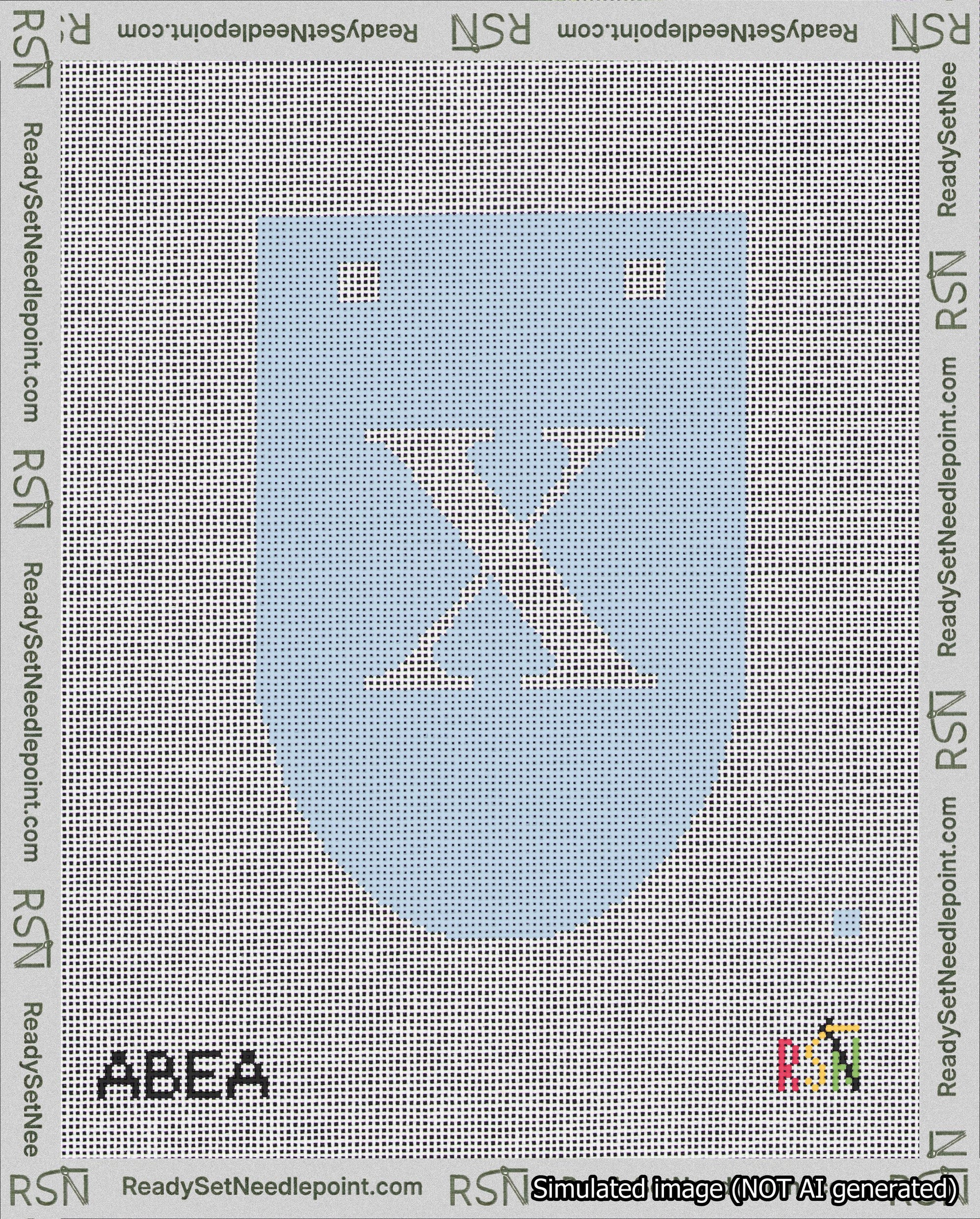 A taped needlepoint canvas with the design: Banner 18 mesh count Rounded X White on Light Blue.