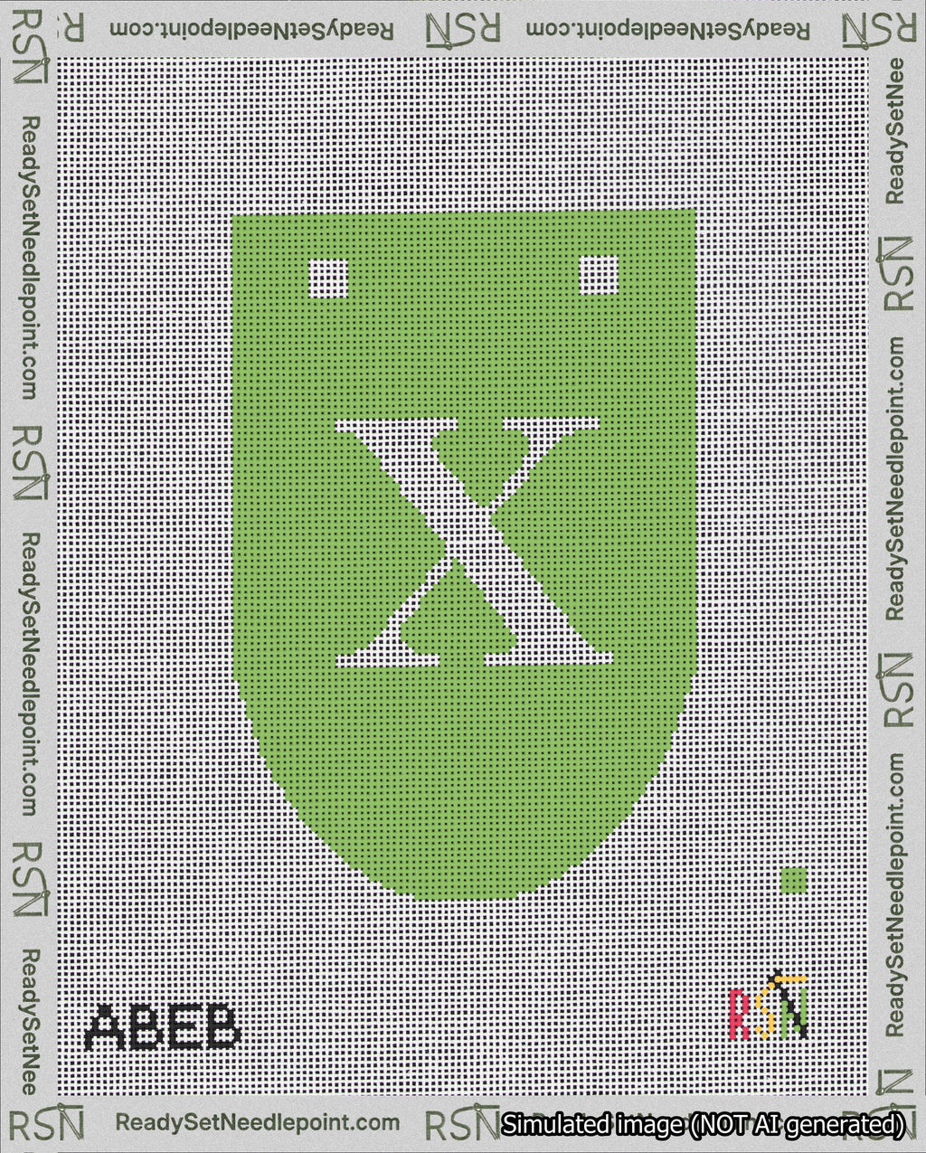 A taped needlepoint canvas with the design: Banner 18 mesh count Rounded X White on Light Green.