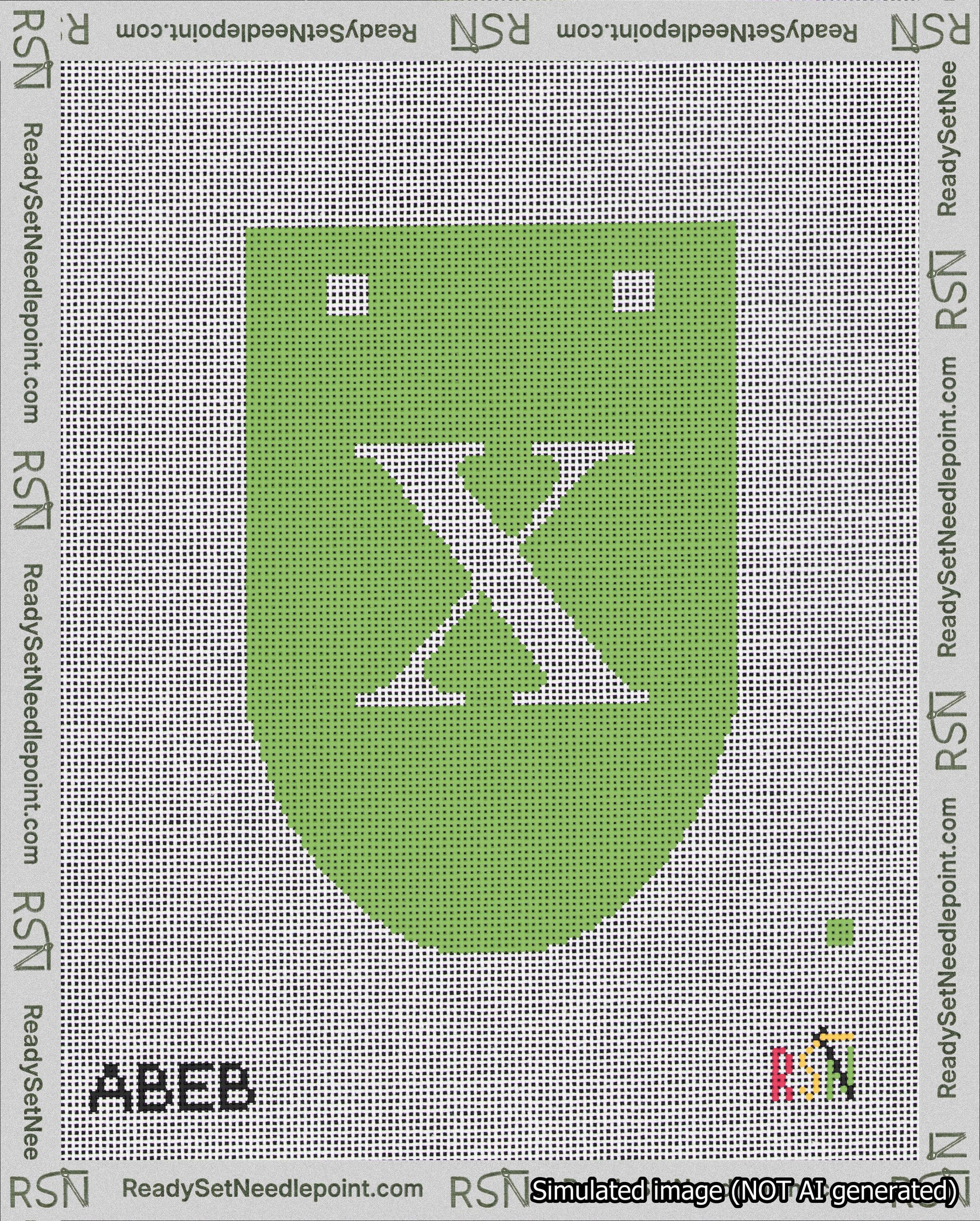 A taped needlepoint canvas with the design: Banner 18 mesh count Rounded X White on Light Green.
