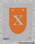 A taped needlepoint canvas with the design: Banner 18 mesh count Rounded X White on Orange.
