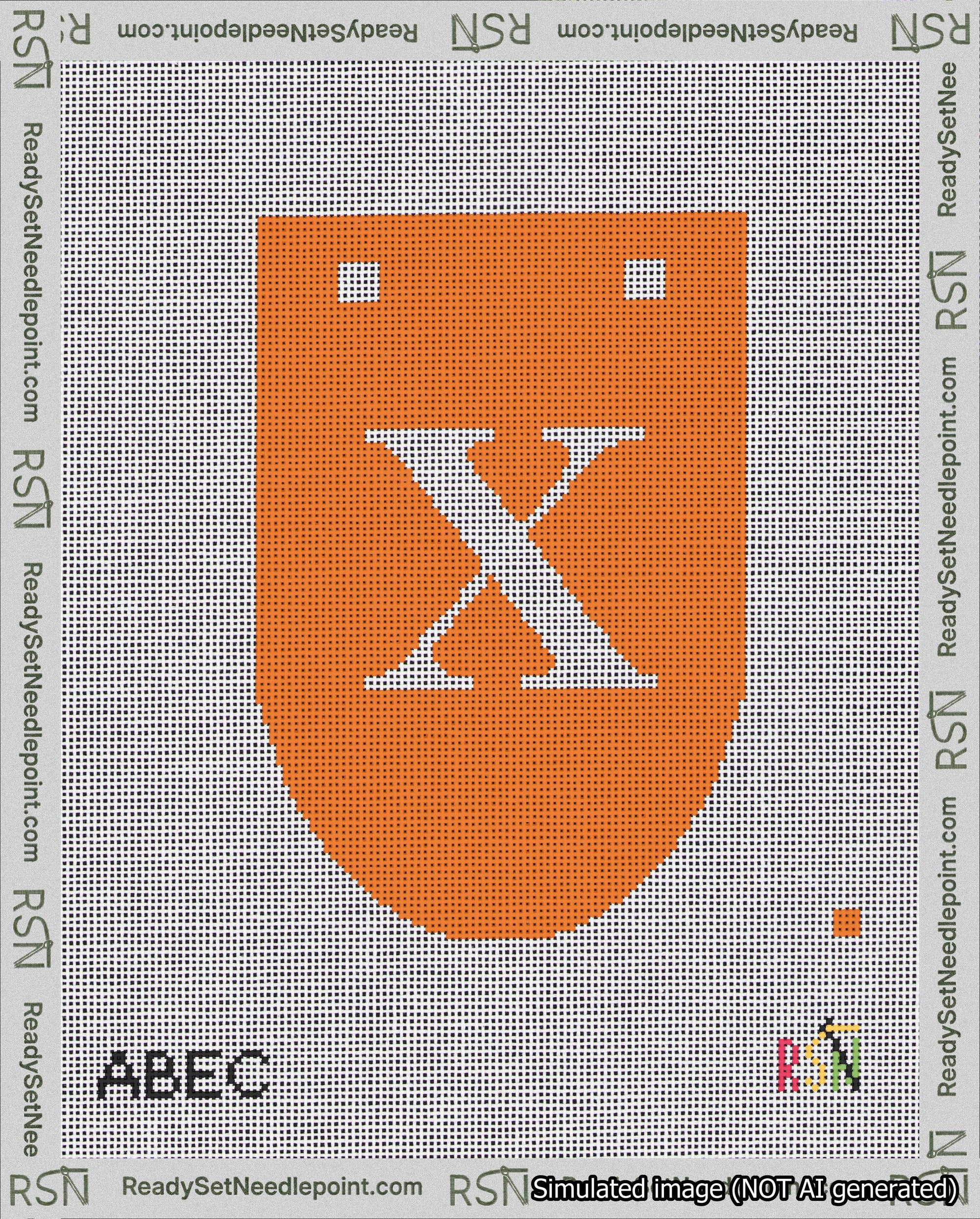 A taped needlepoint canvas with the design: Banner 18 mesh count Rounded X White on Orange.