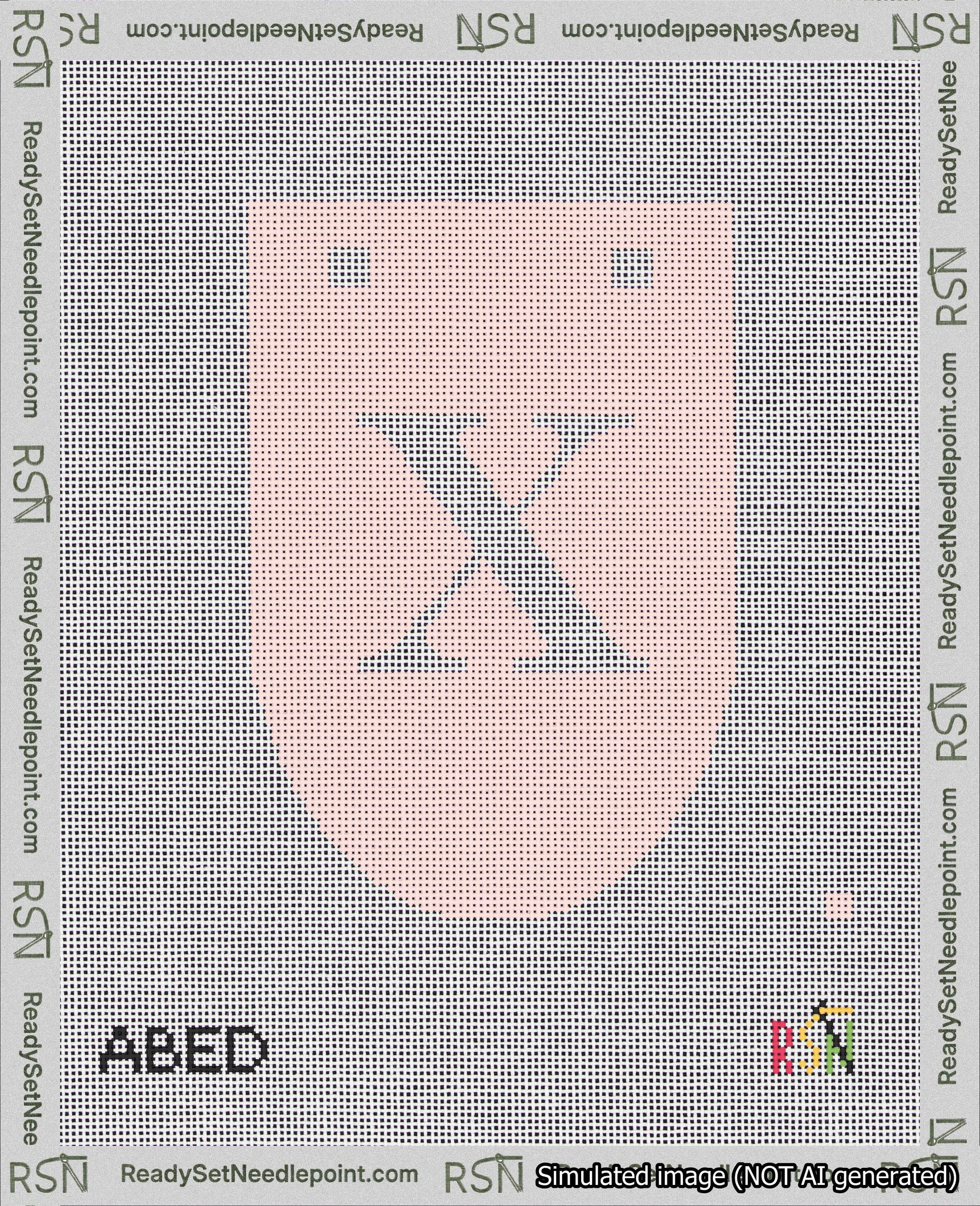 A taped needlepoint canvas with the design: Banner 18 mesh count Rounded X White on Pink.