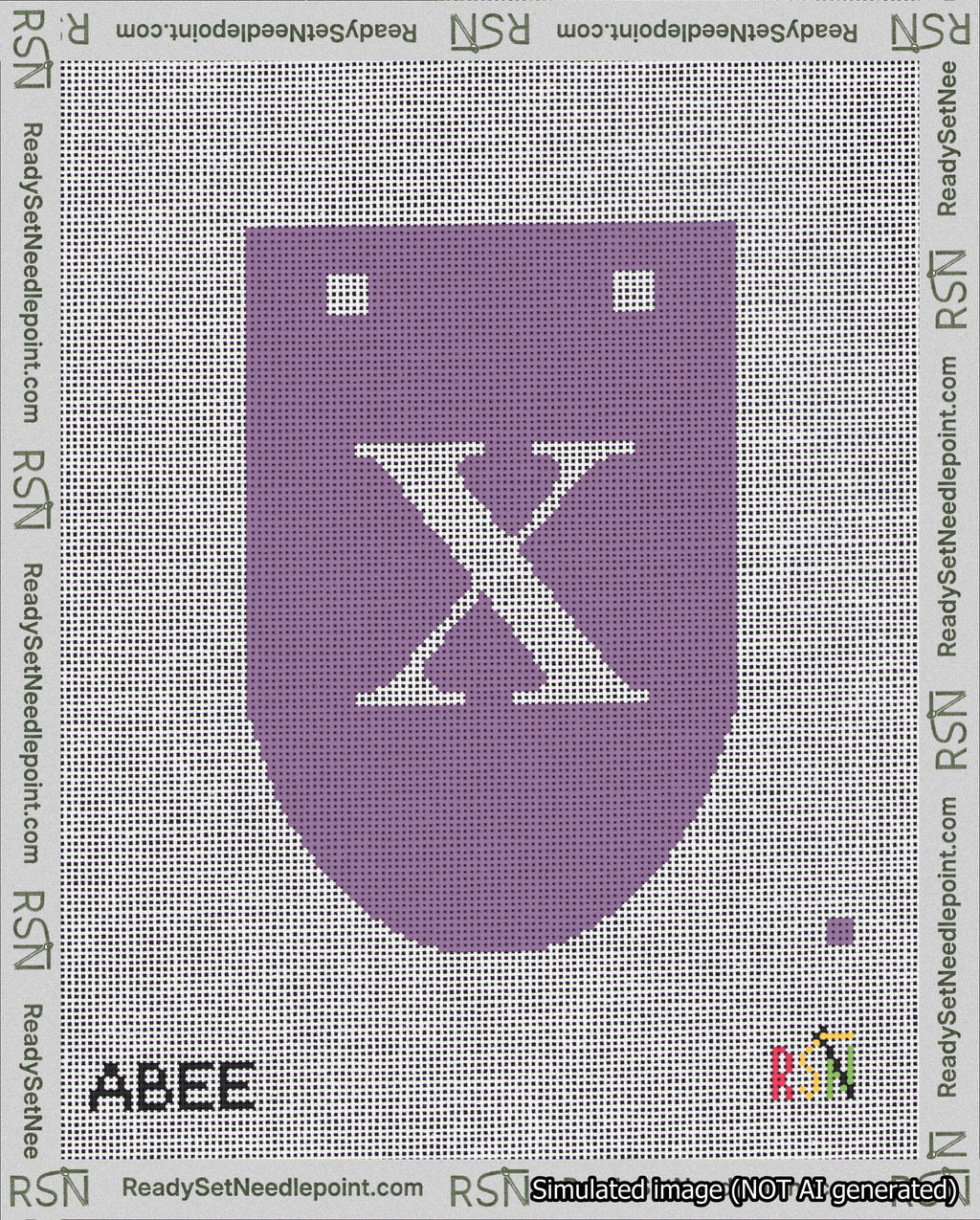 A taped needlepoint canvas with the design: Banner 18 mesh count Rounded X White on Purple.