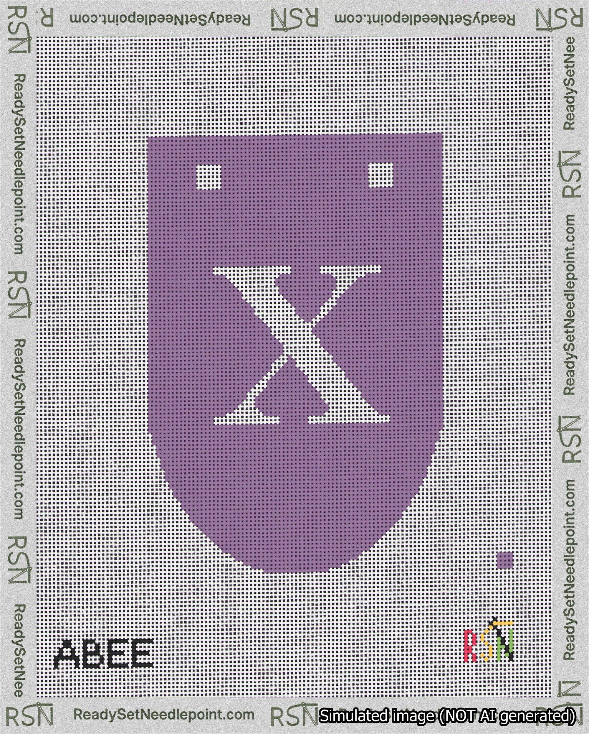 A taped needlepoint canvas with the design: Banner 18 mesh count Rounded X White on Purple.