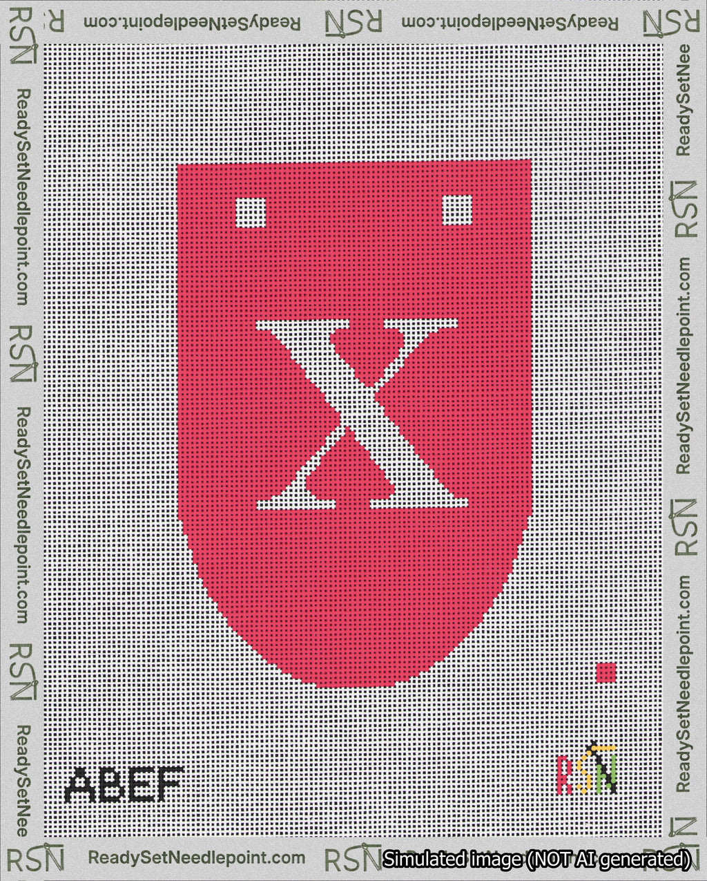 A taped needlepoint canvas with the design: Banner 18 mesh count Rounded X White on Red.