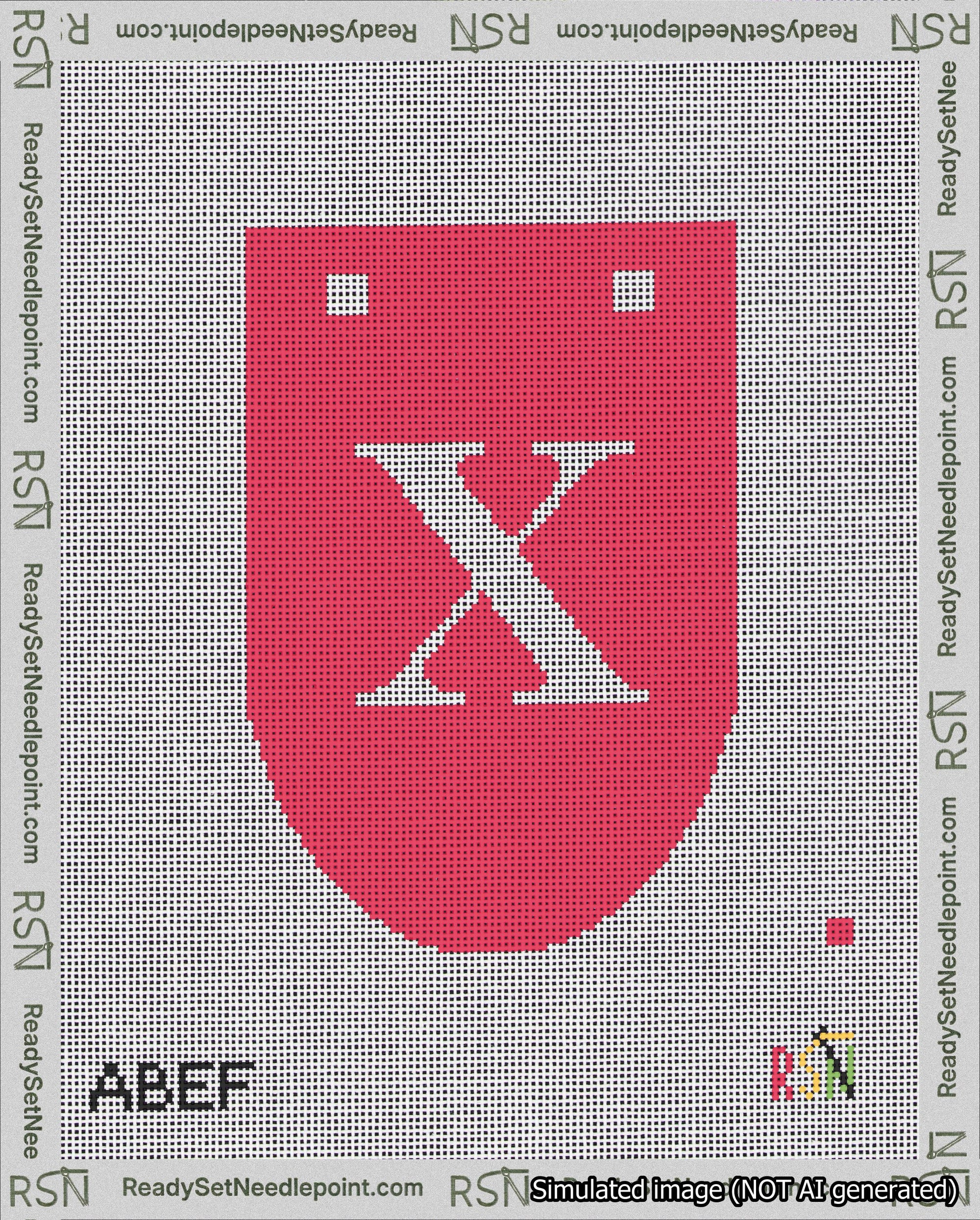 A taped needlepoint canvas with the design: Banner 18 mesh count Rounded X White on Red.