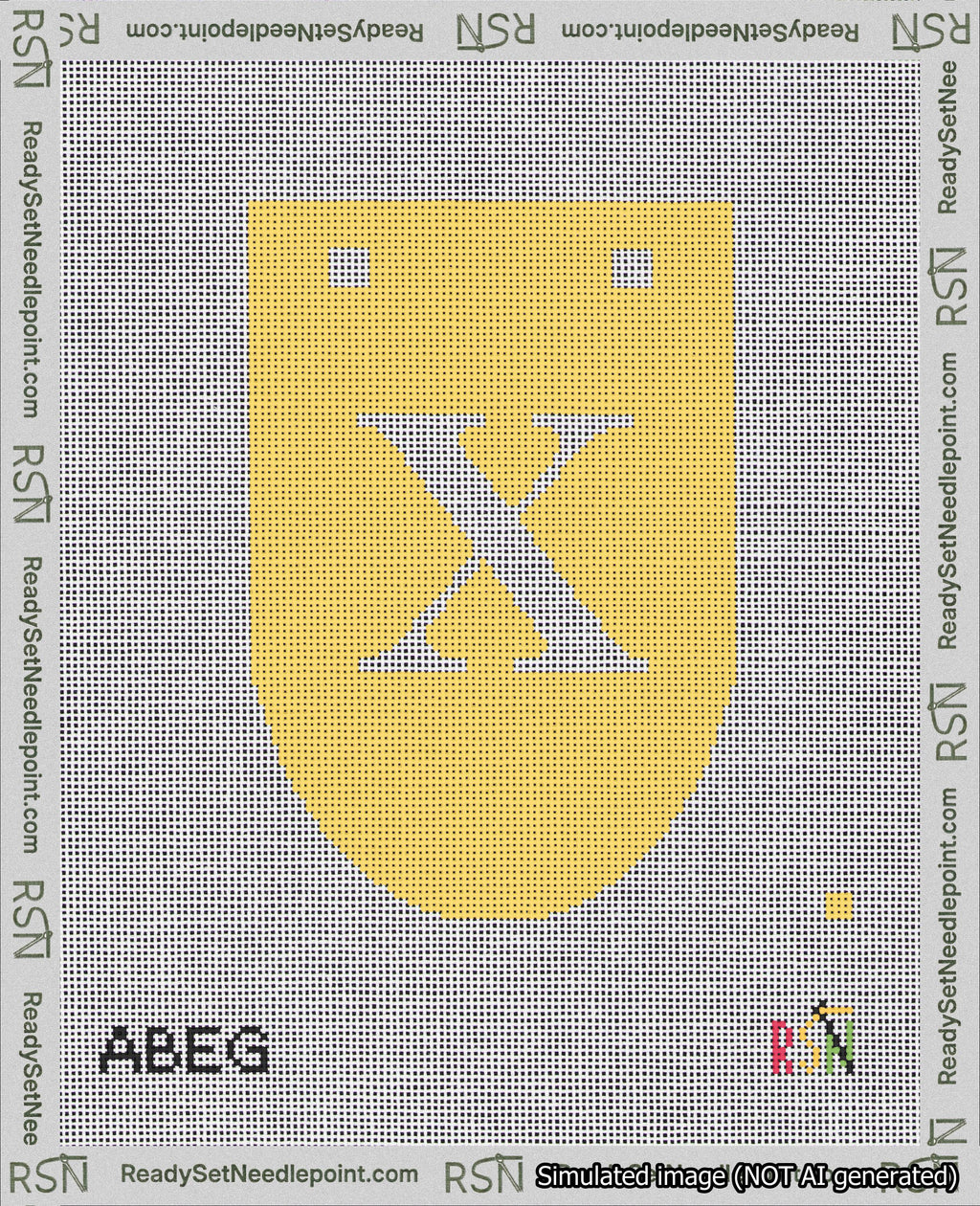 A taped needlepoint canvas with the design: Banner 18 mesh count Rounded X White on Yellow.