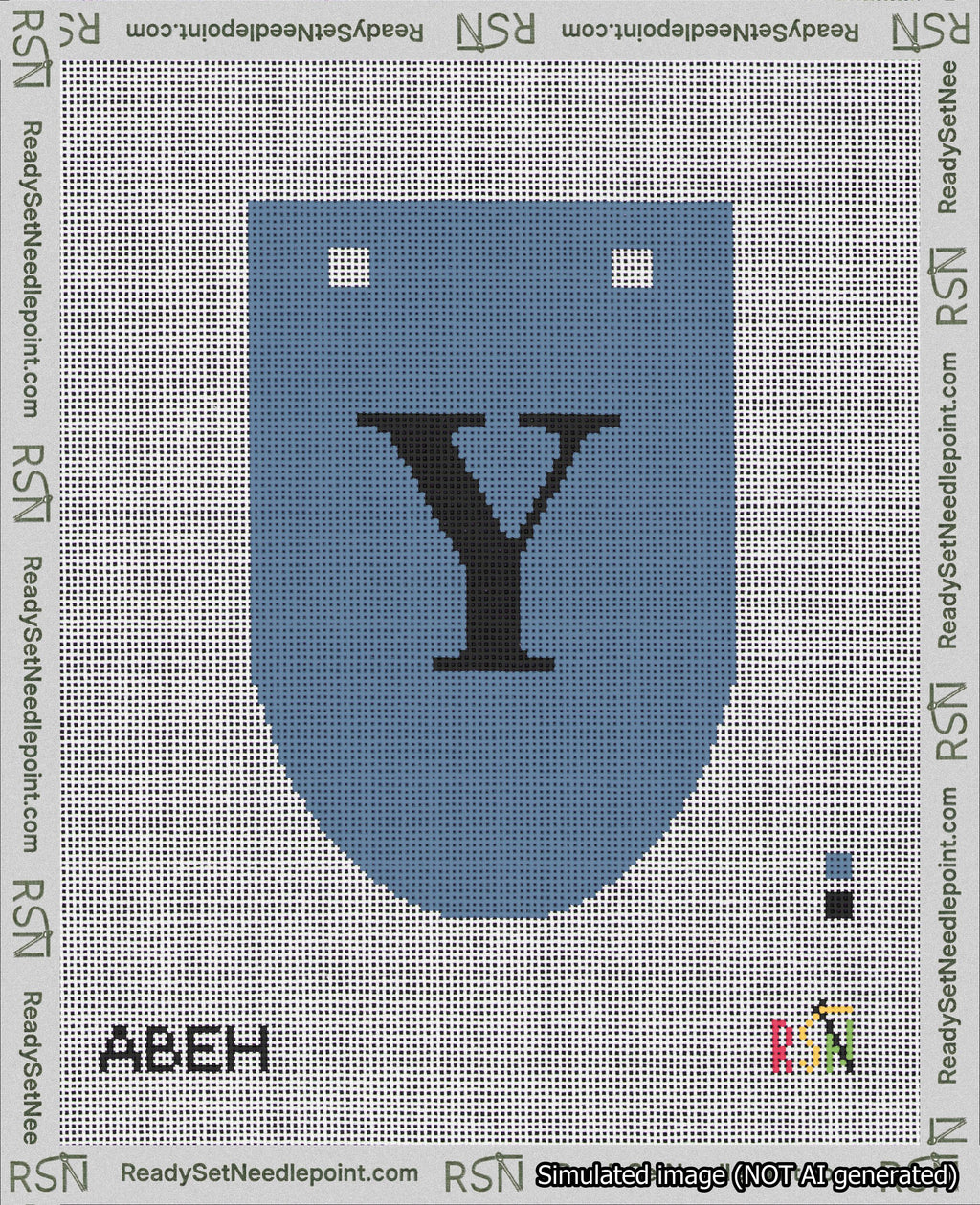 A taped needlepoint canvas with the design: Banner 18 mesh count Rounded Y Black on Blue.