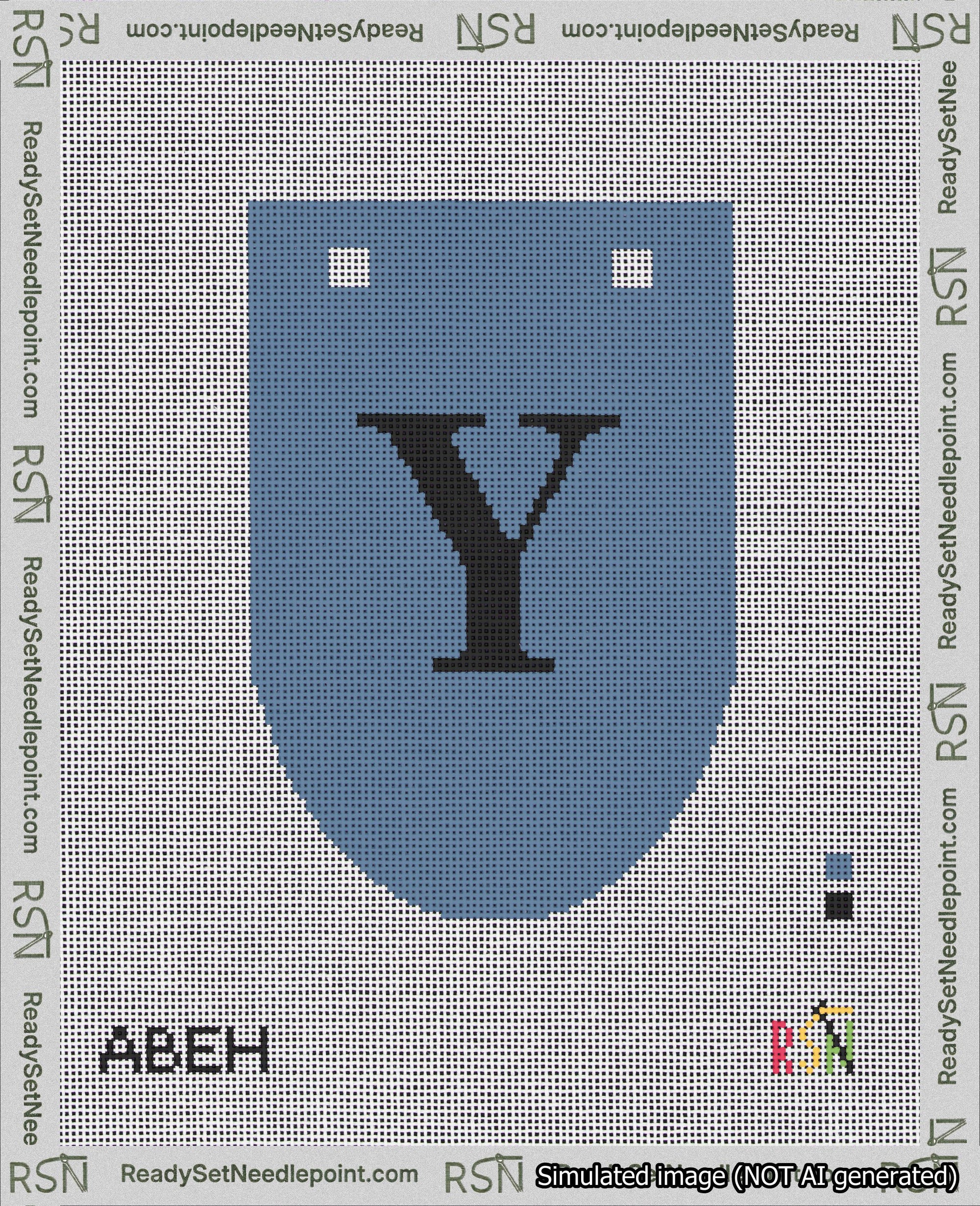 A taped needlepoint canvas with the design: Banner 18 mesh count Rounded Y Black on Blue.