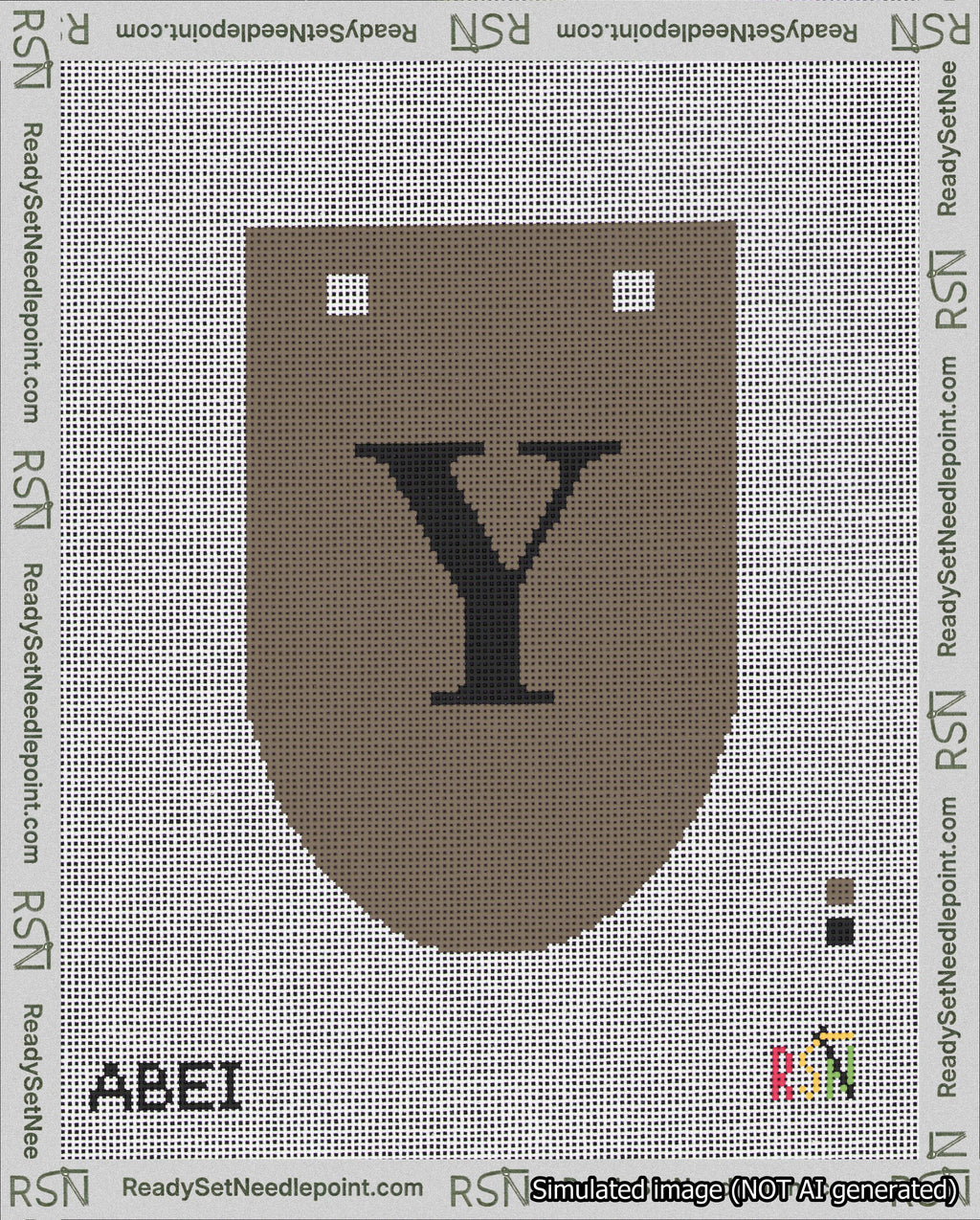 A taped needlepoint canvas with the design: Banner 18 mesh count Rounded Y Black on Brown.