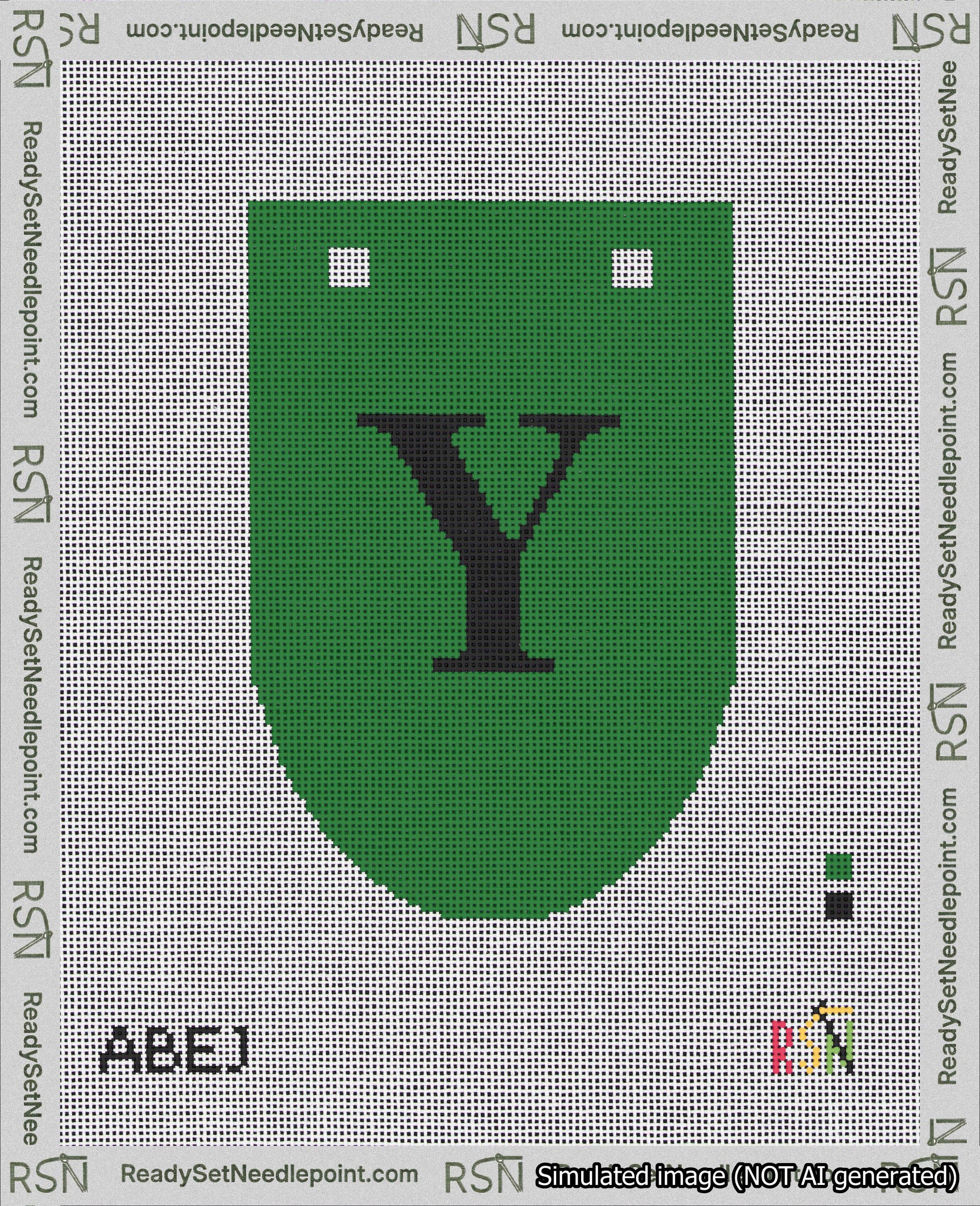 A taped needlepoint canvas with the design: Banner 18 mesh count Rounded Y Black on Green.
