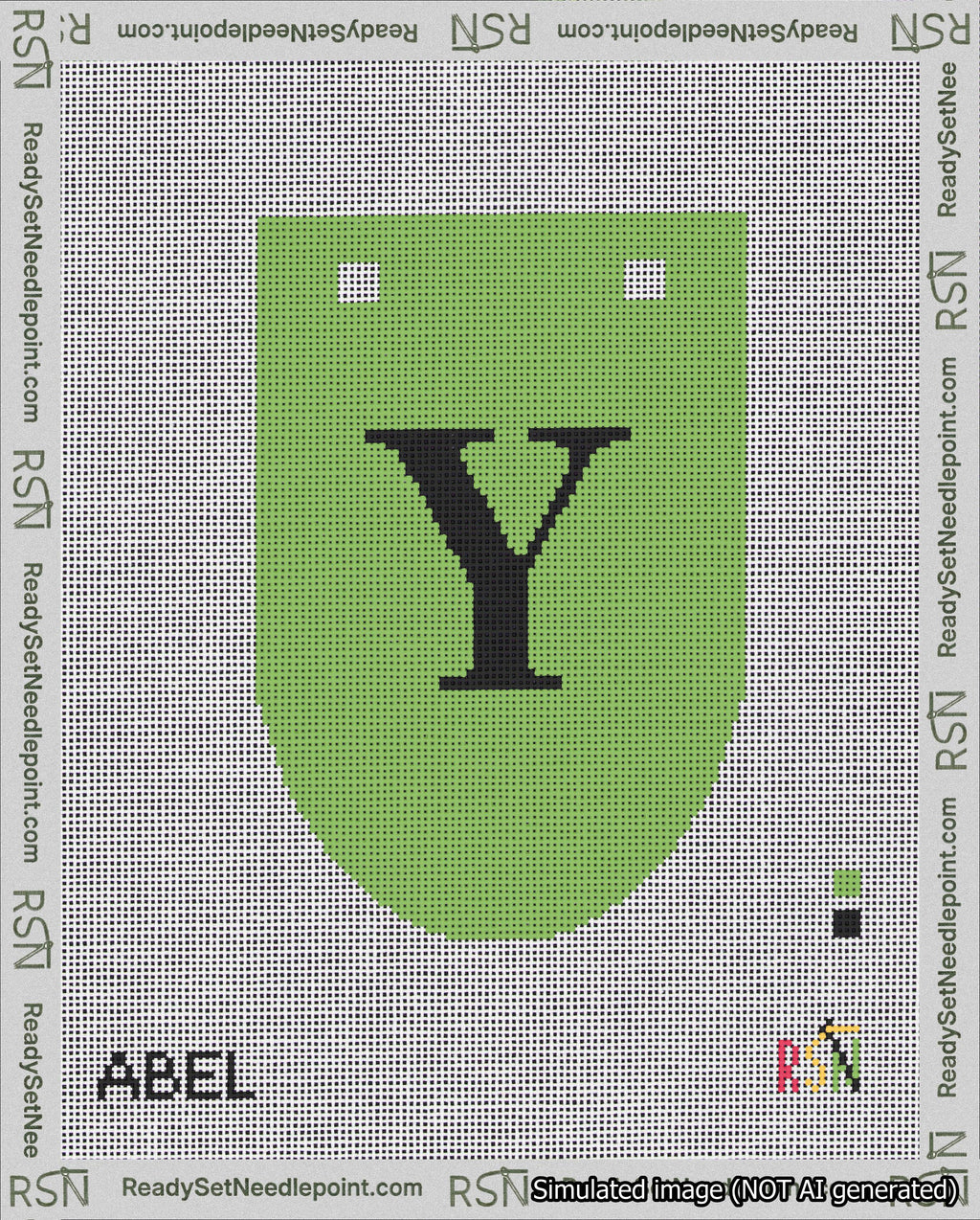 A taped needlepoint canvas with the design: Banner 18 mesh count Rounded Y Black on Light Green.
