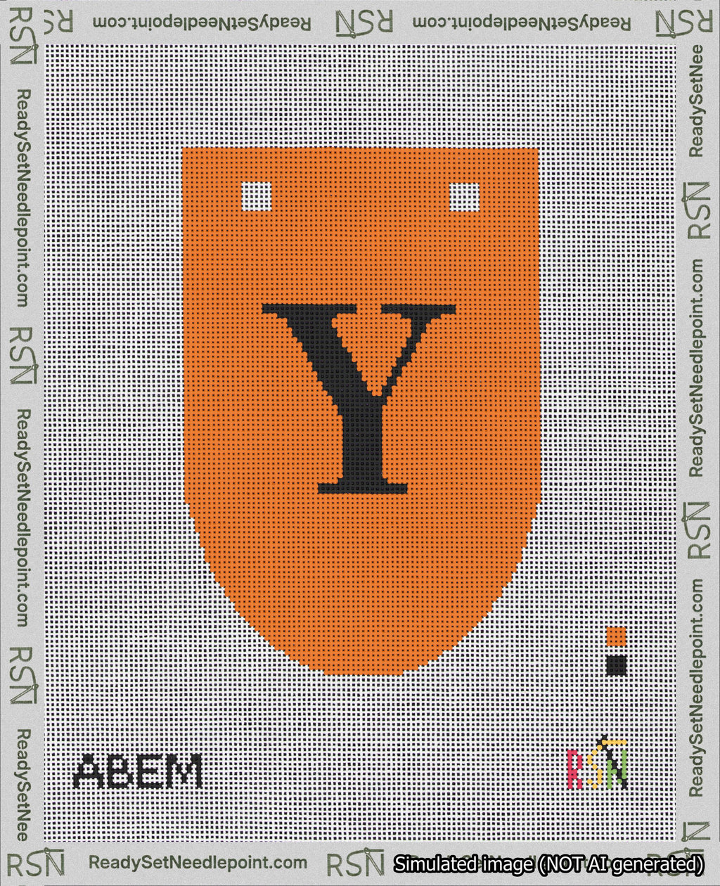 A taped needlepoint canvas with the design: Banner 18 mesh count Rounded Y Black on Orange.