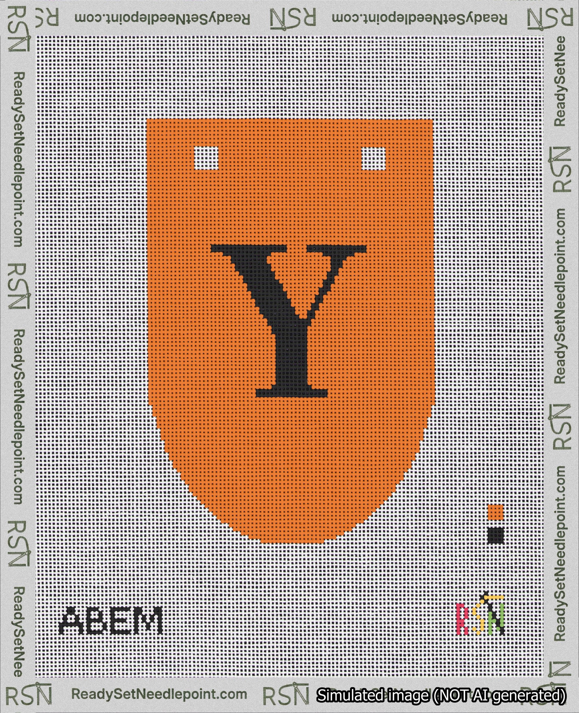 A taped needlepoint canvas with the design: Banner 18 mesh count Rounded Y Black on Orange.