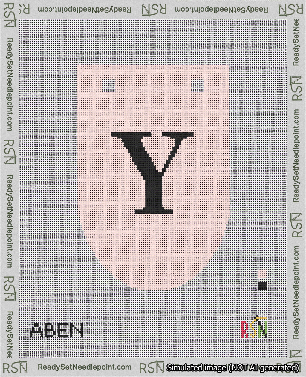 A taped needlepoint canvas with the design: Banner 18 mesh count Rounded Y Black on Pink.