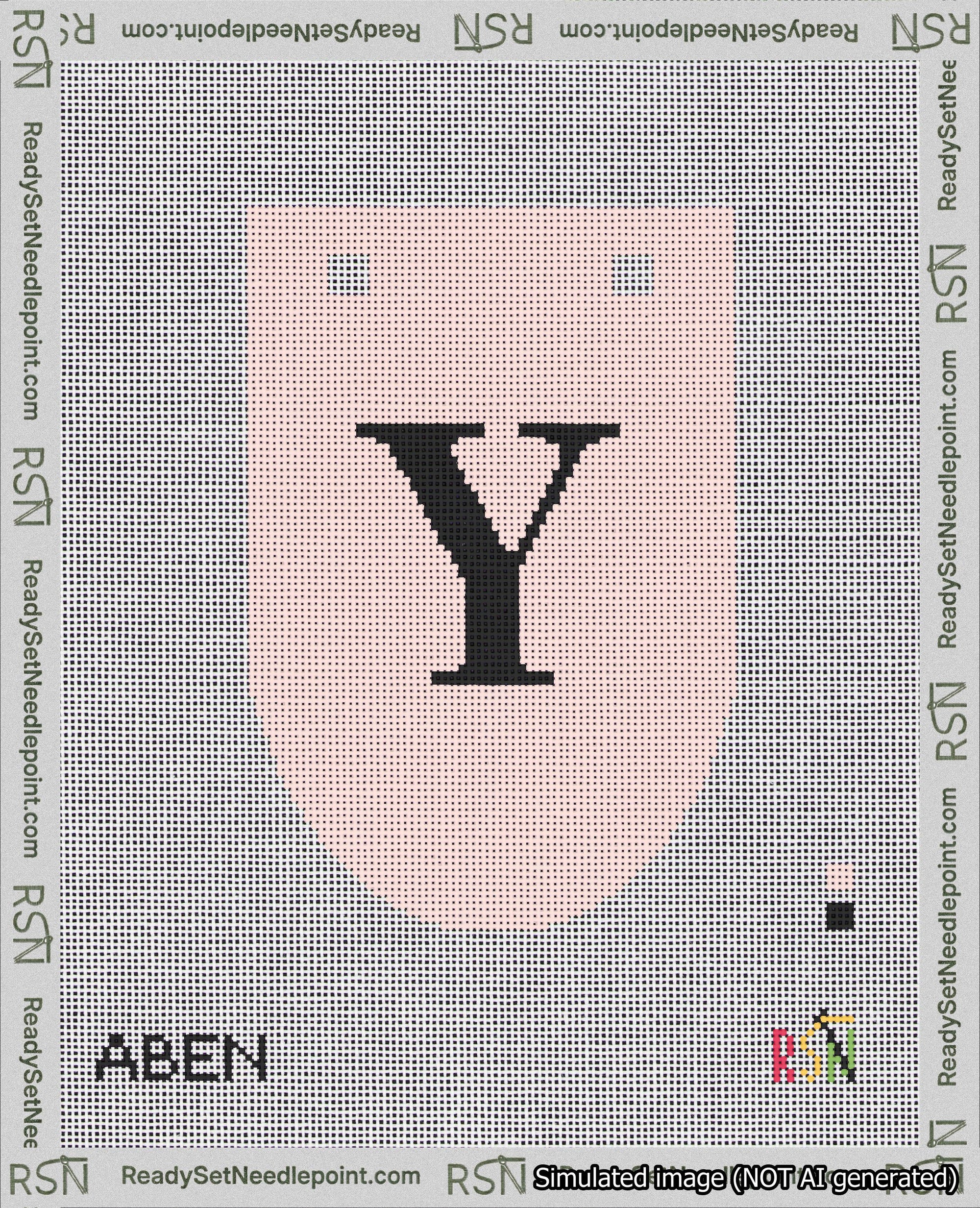 A taped needlepoint canvas with the design: Banner 18 mesh count Rounded Y Black on Pink.