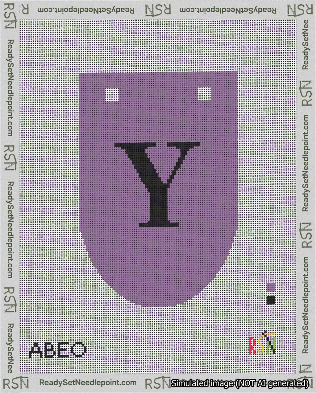 A taped needlepoint canvas with the design: Banner 18 mesh count Rounded Y Black on Purple.