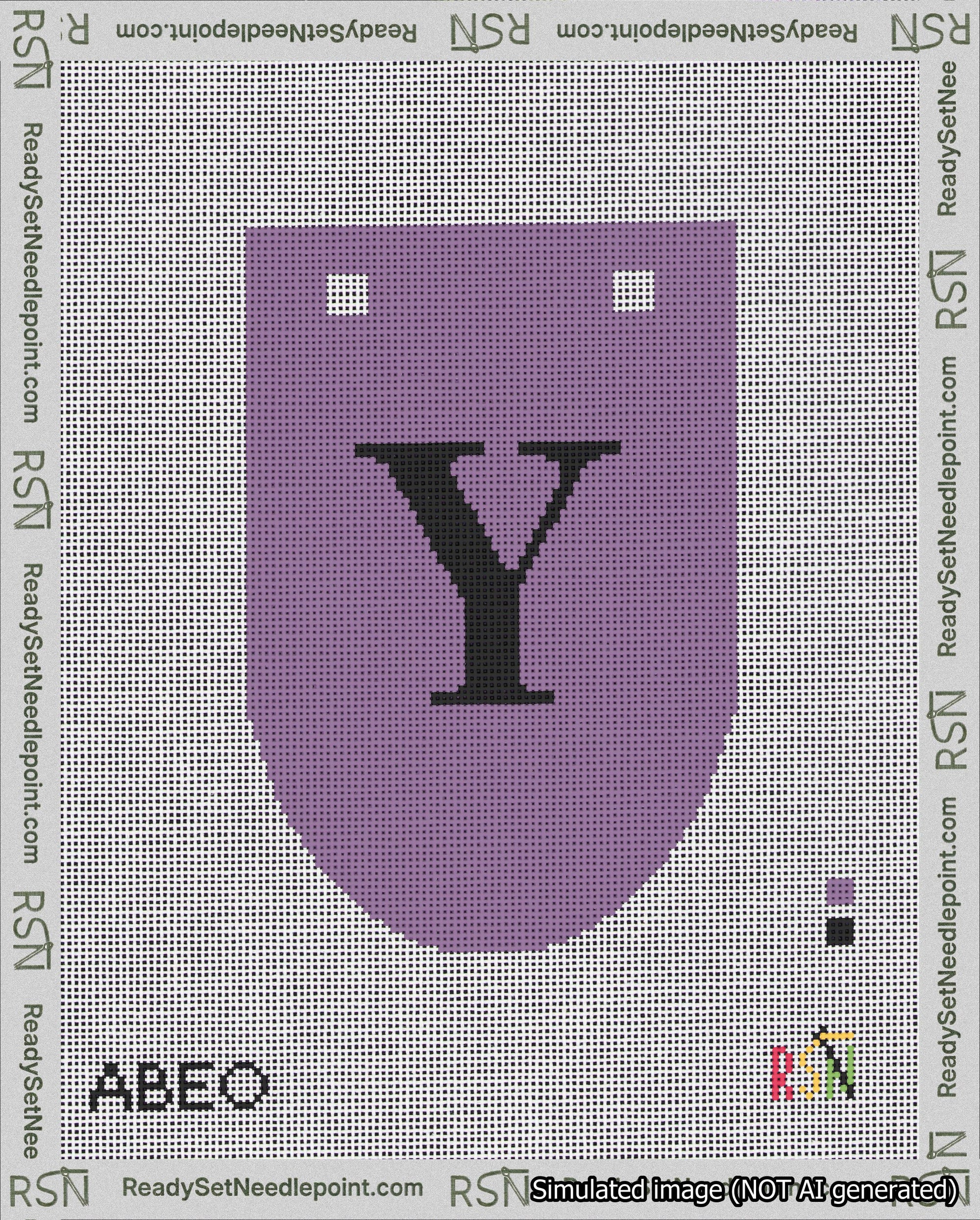 A taped needlepoint canvas with the design: Banner 18 mesh count Rounded Y Black on Purple.