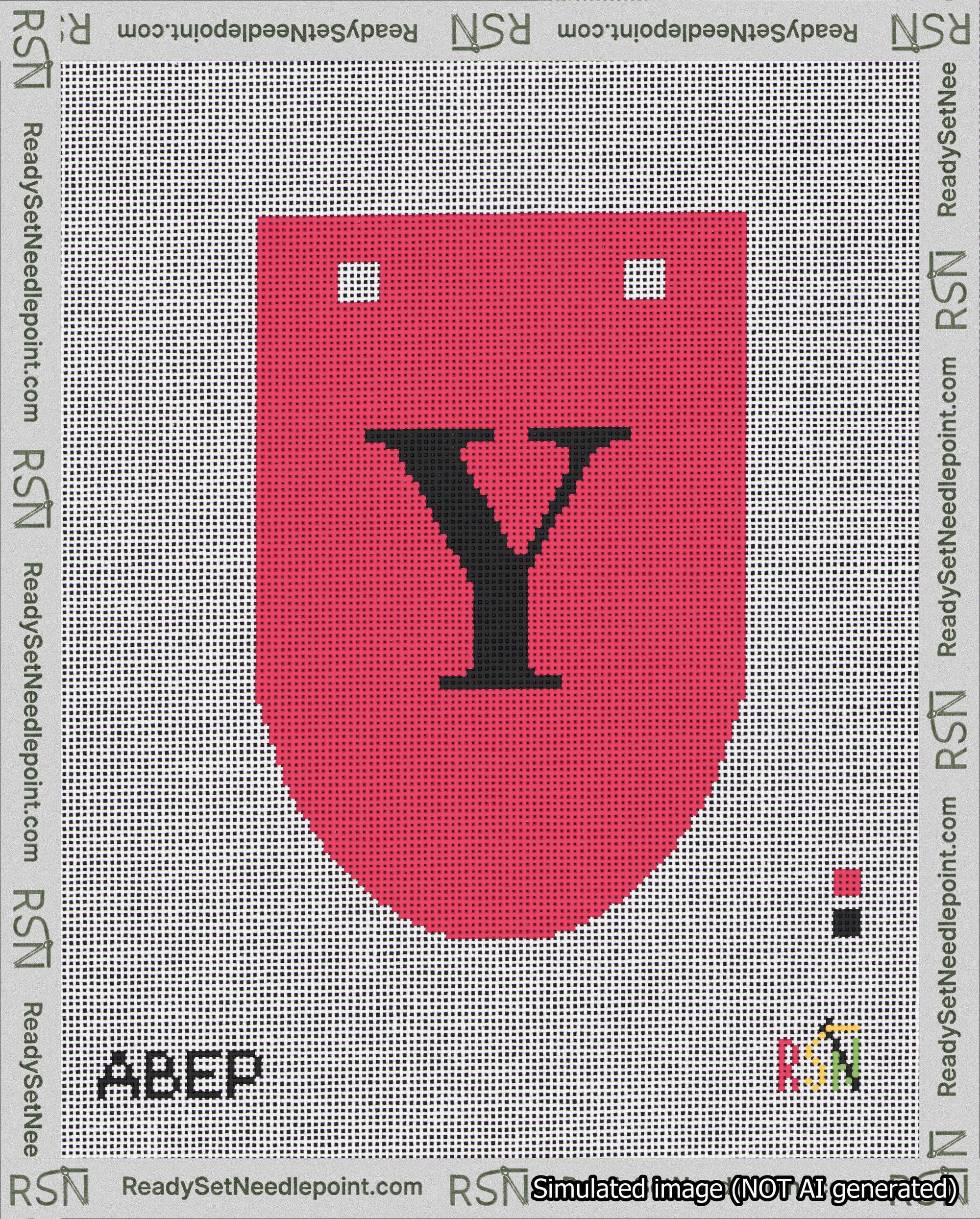 A taped needlepoint canvas with the design: Banner 18 mesh count Rounded Y Black on Red.