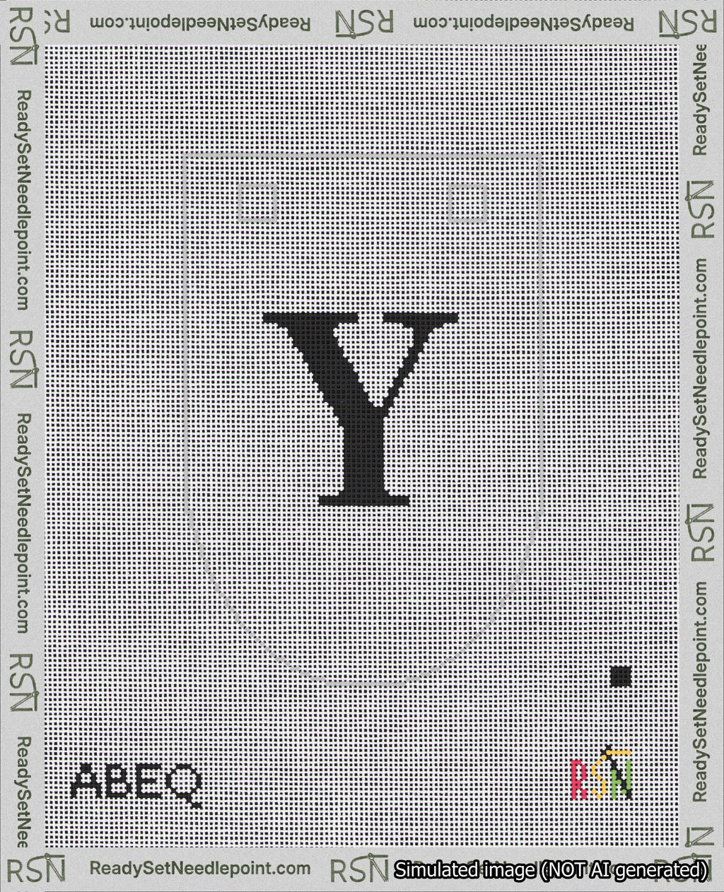 A taped needlepoint canvas with the design: Banner 18 mesh count Rounded Y Black on White.