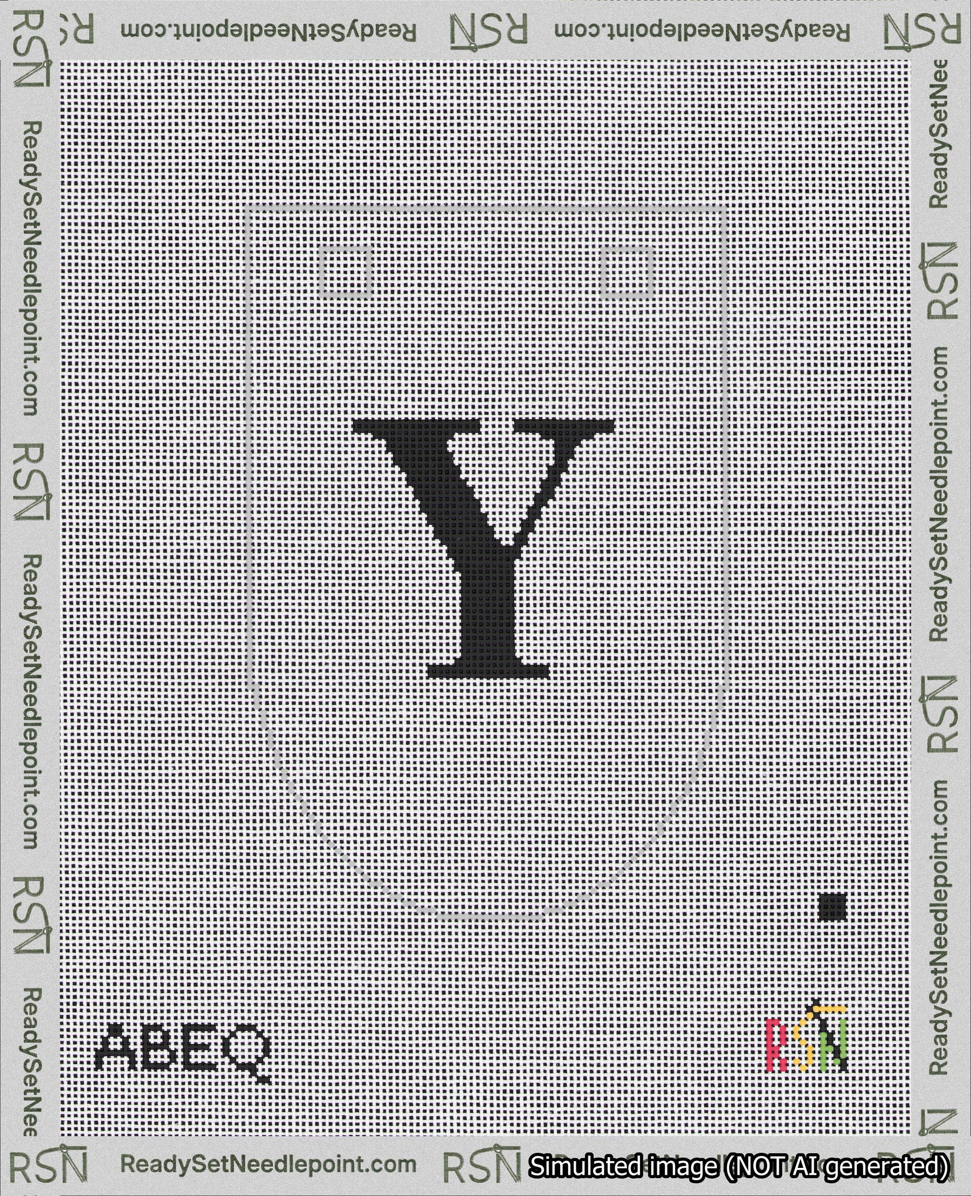 A taped needlepoint canvas with the design: Banner 18 mesh count Rounded Y Black on White.