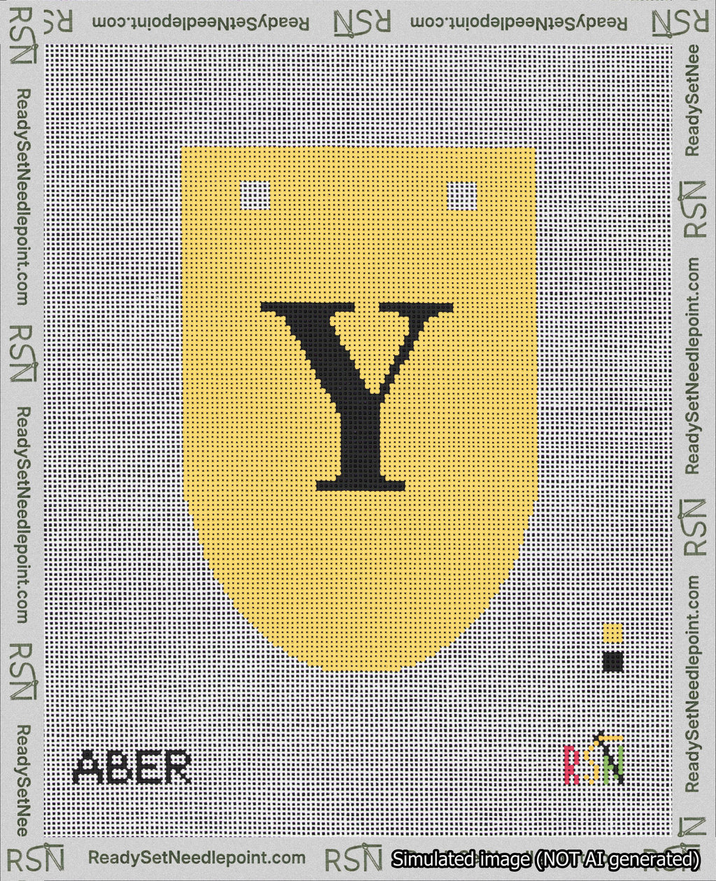 A taped needlepoint canvas with the design: Banner 18 mesh count Rounded Y Black on Yellow.