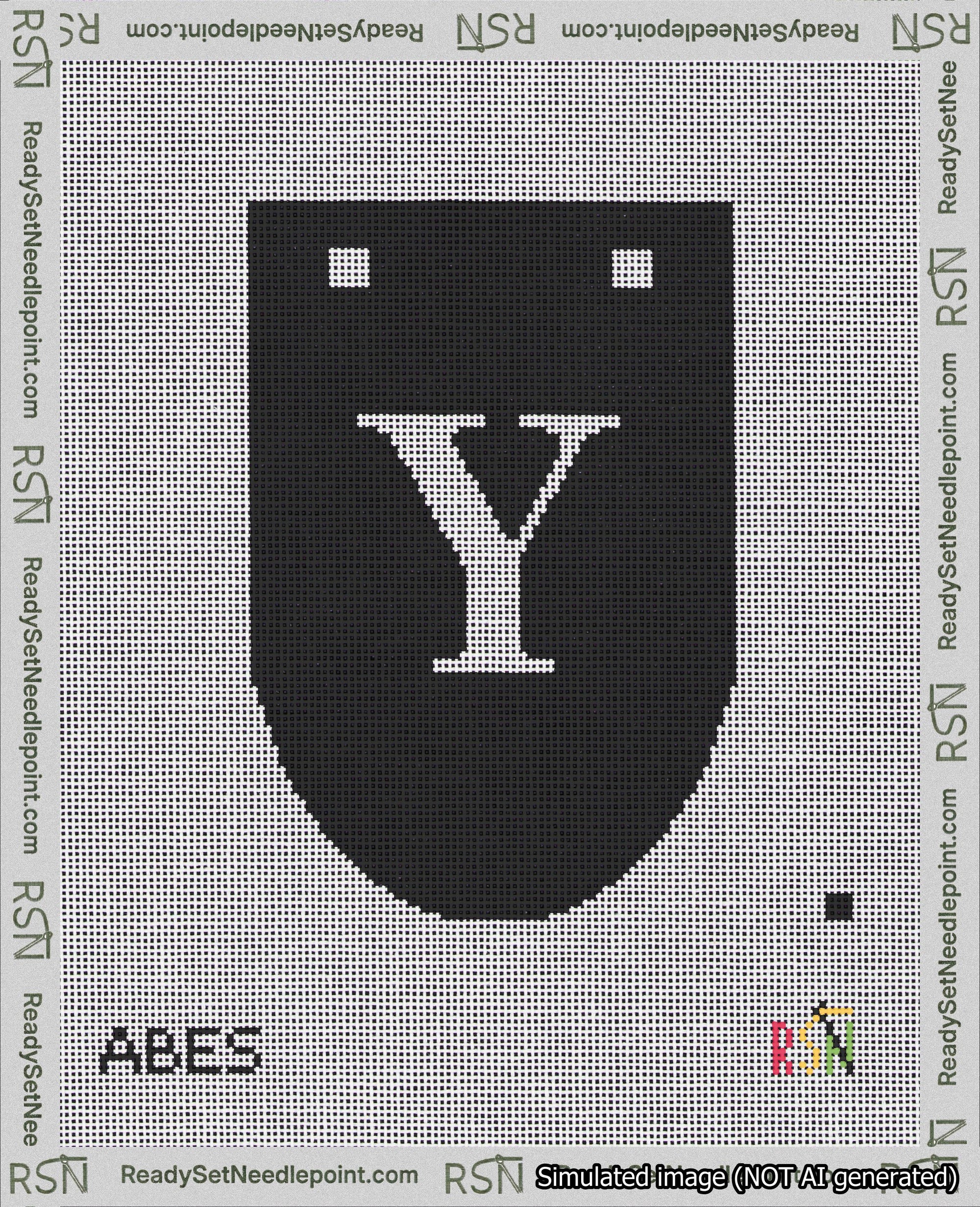 A taped needlepoint canvas with the design: Banner 18 mesh count Rounded Y White on Black.