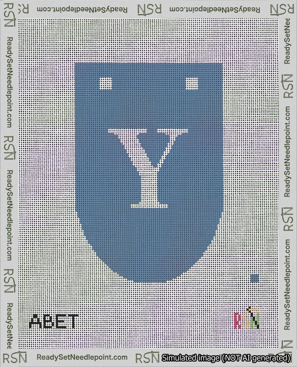 A taped needlepoint canvas with the design: Banner 18 mesh count Rounded Y White on Blue.
