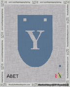 A taped needlepoint canvas with the design: Banner 18 mesh count Rounded Y White on Blue.