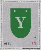 A taped needlepoint canvas with the design: Banner 18 mesh count Rounded Y White on Green.