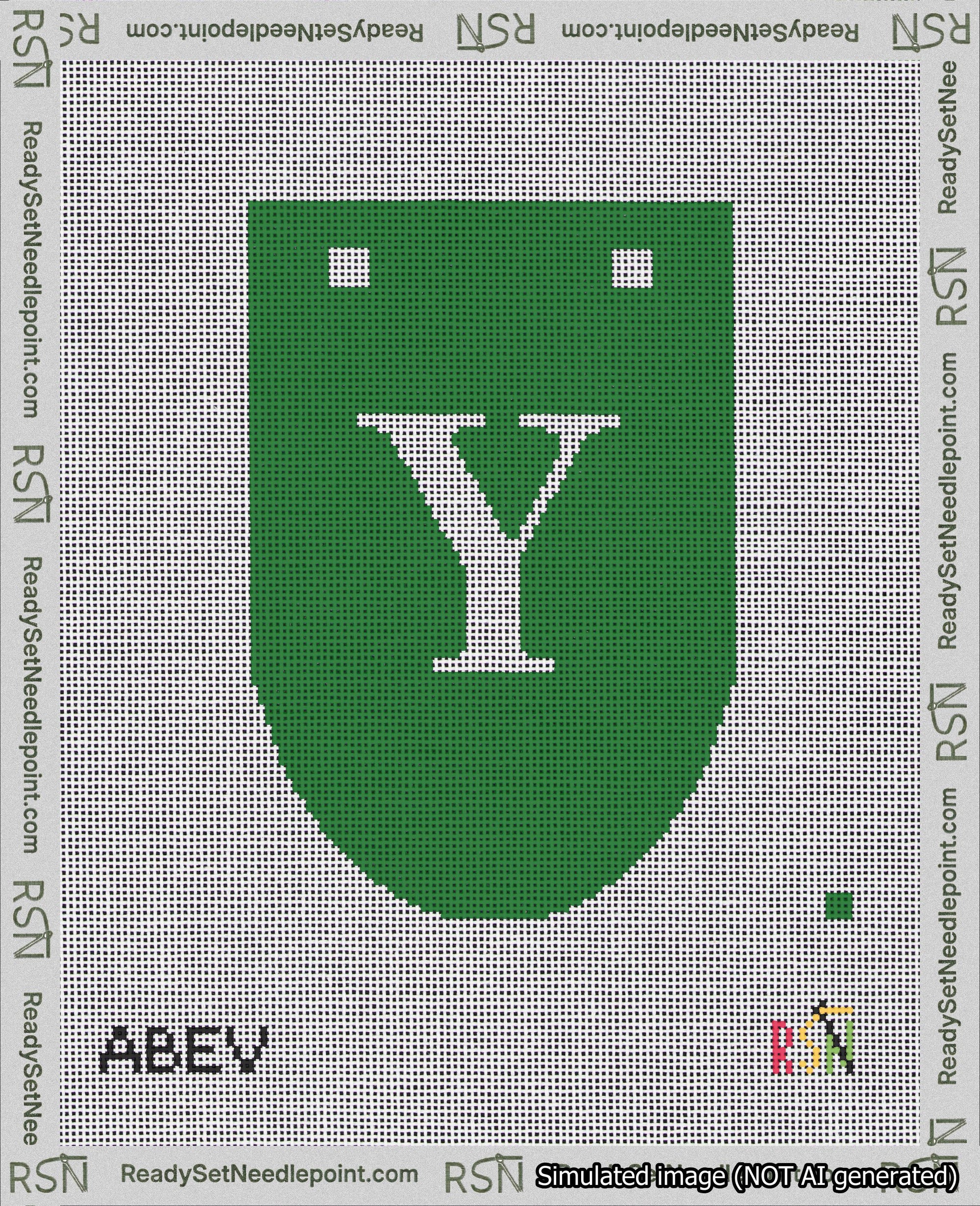 A taped needlepoint canvas with the design: Banner 18 mesh count Rounded Y White on Green.