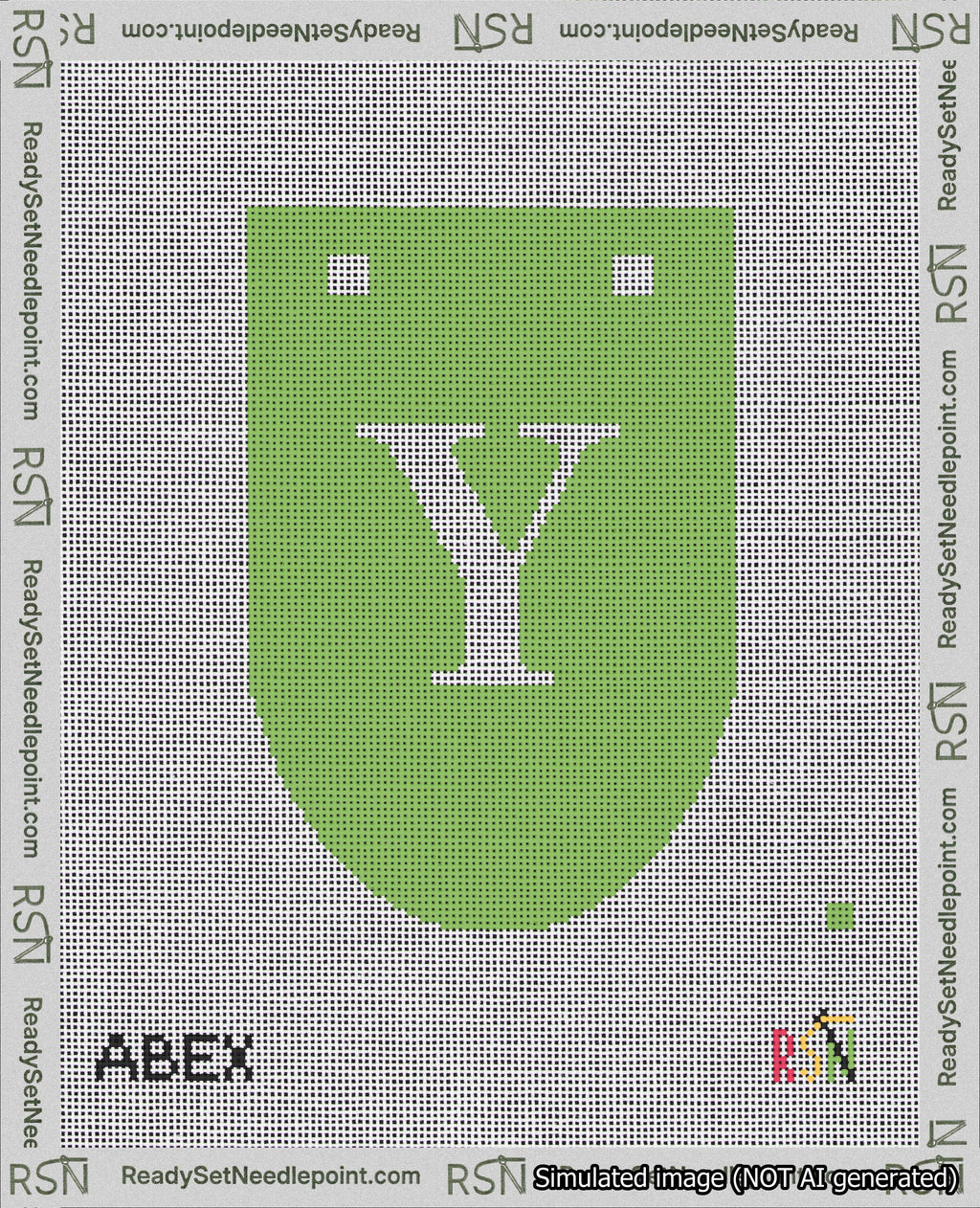 A taped needlepoint canvas with the design: Banner 18 mesh count Rounded Y White on Light Green.