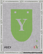 A taped needlepoint canvas with the design: Banner 18 mesh count Rounded Y White on Light Green.