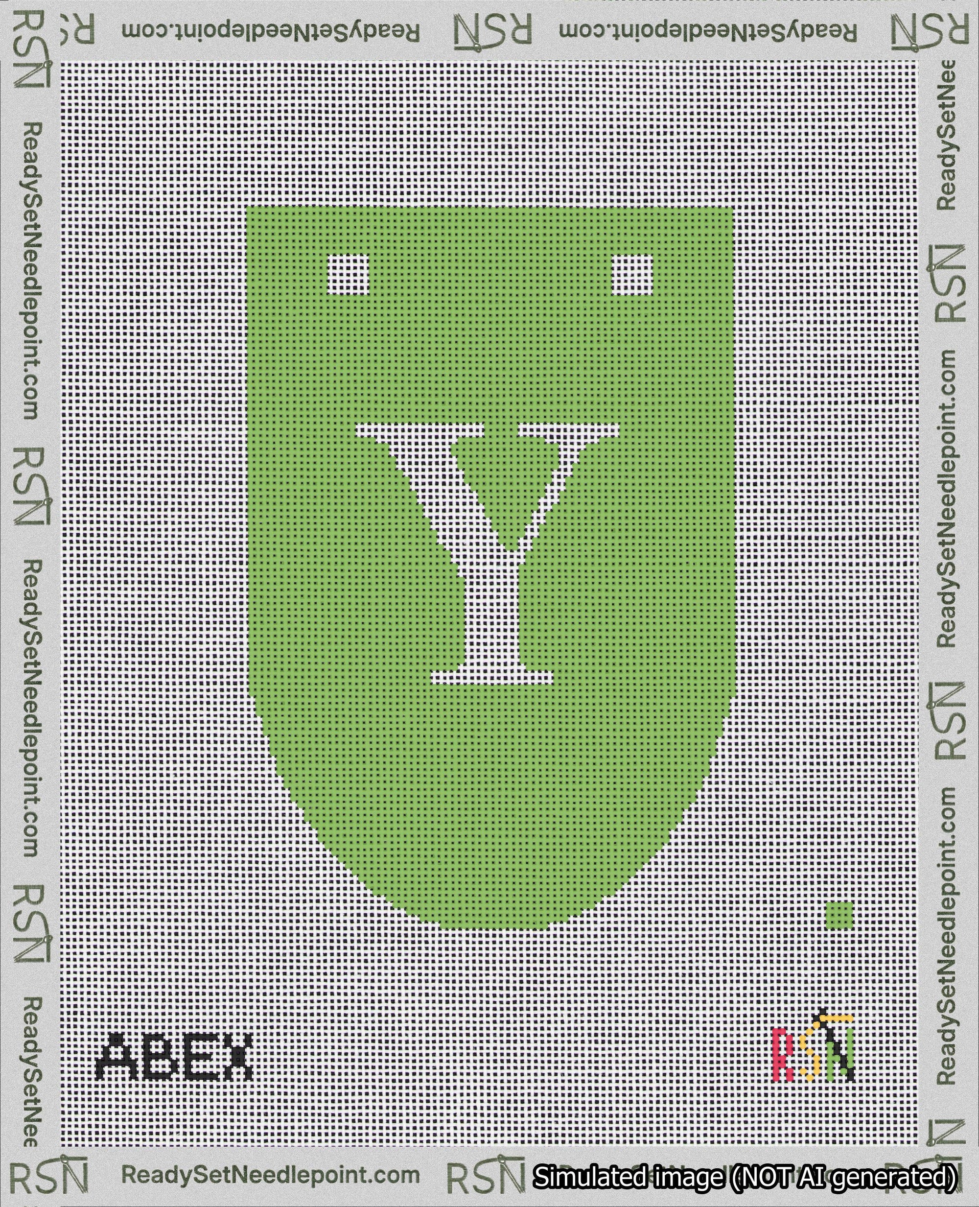 A taped needlepoint canvas with the design: Banner 18 mesh count Rounded Y White on Light Green.