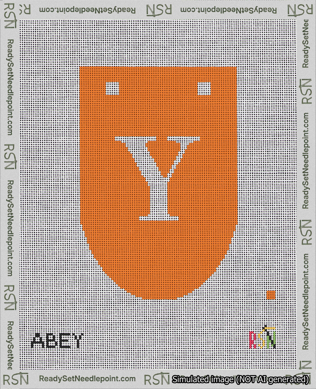 A taped needlepoint canvas with the design: Banner 18 mesh count Rounded Y White on Orange.