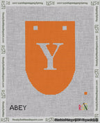 A taped needlepoint canvas with the design: Banner 18 mesh count Rounded Y White on Orange.
