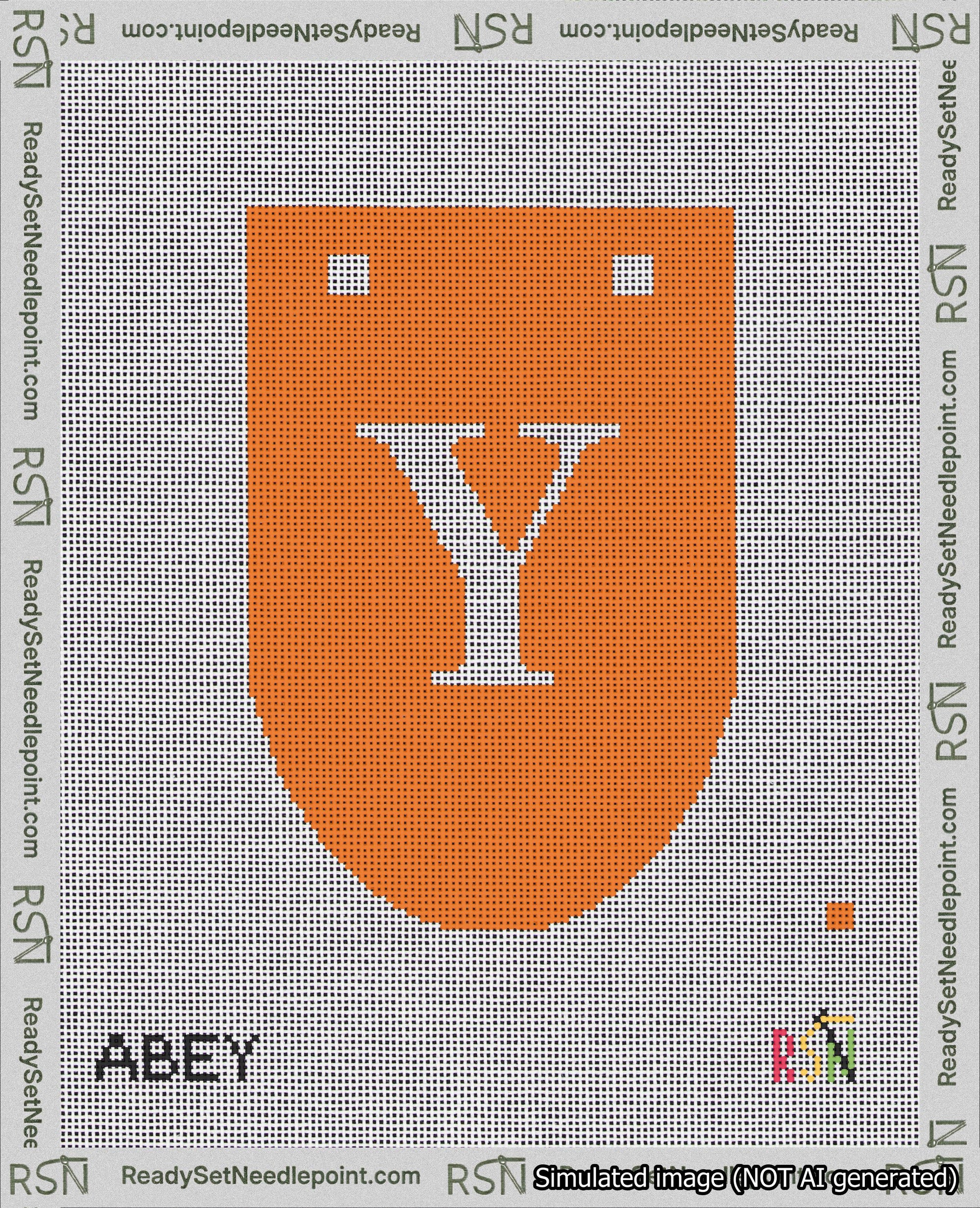 A taped needlepoint canvas with the design: Banner 18 mesh count Rounded Y White on Orange.